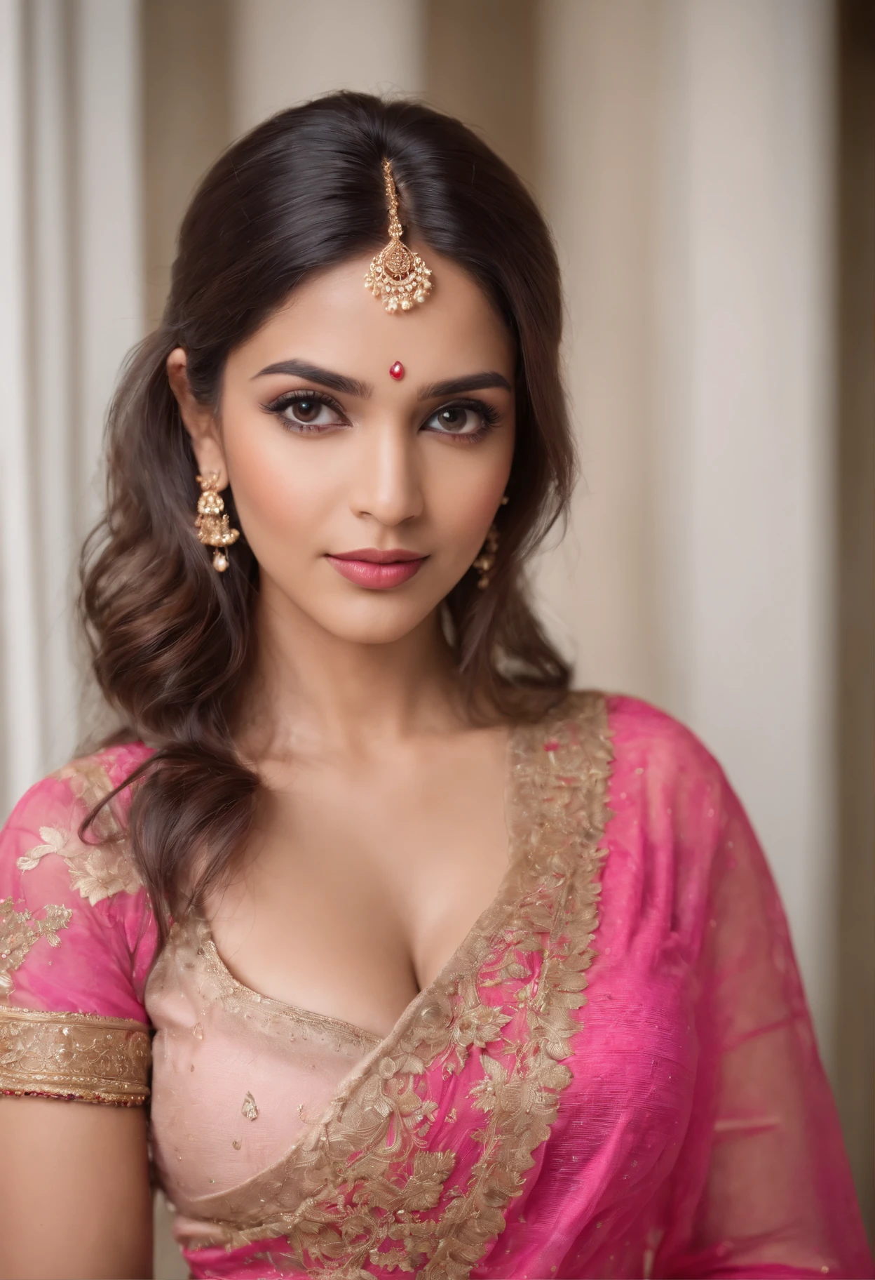 a indian woman posing for a picture, indian, traditional beauty, indian, beautiful goddess, ornate cosplay, indian style, indian super model, beautiful maiden, gorgeous woman, south east asian with long, provocative indian, gorgeous beautiful woman, beautiful asian girl, extremely detailed goddess shot, jaw-dropping beauty, big boobs deep cleavage sexy navel, , exposed, big bust, pink, big breast, romantic face expressions .