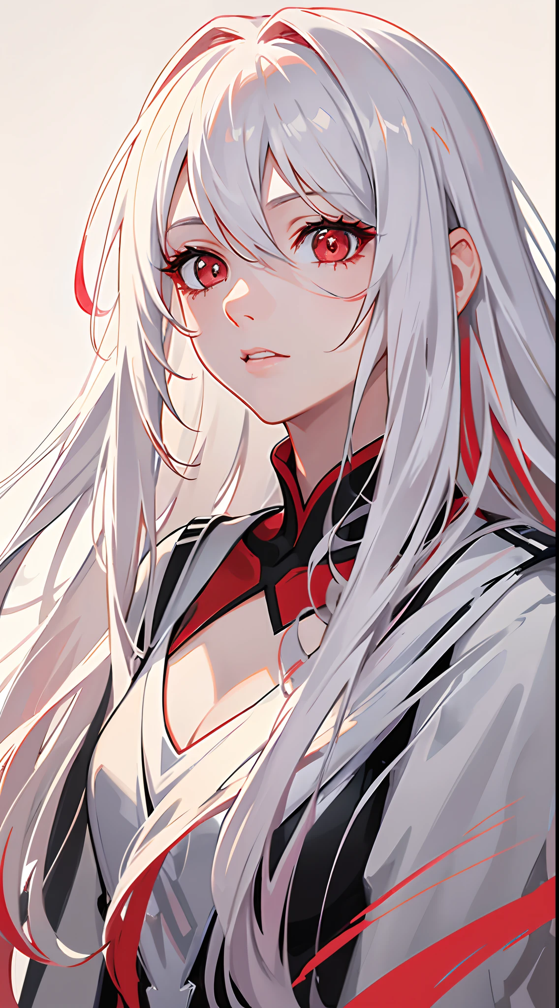 a beauty girl，red color eyes，red pupils，Long white hair，Hyper-Resolution，accuracy，detail render，（Delicate facial portrayal）（Fine hair portrayal）（highest  quality）（Master masterpieces）（High degree of completion）（a sense of atmosphere）tmasterpiece，ultra detailed close up，（half-body portrait）