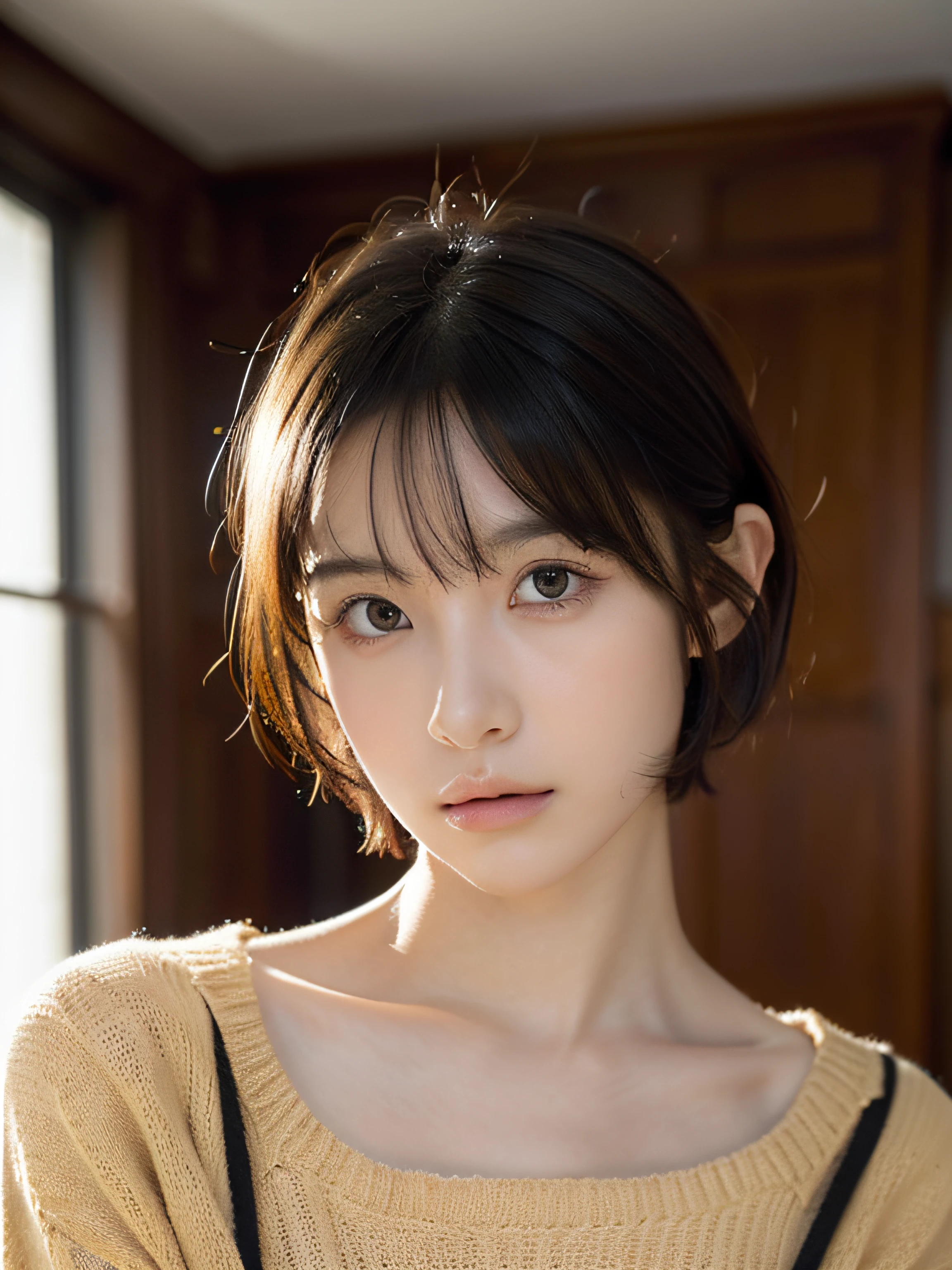 (masutepiece:1.3), (8K, Photorealistic, Raw photo, Best Quality: 1.4), (1girl in), Beautiful face, (Realistic face), (Black hair, Short hair:1.3), Beautiful hairstyle, Realistic eyes, Beautiful detailed eyes, (Realistic skin), Beautiful skin, (Sweaters), absurderes, Attractive, 超A high resolution, A hyper-realistic, Highly detailed, Golden ratio