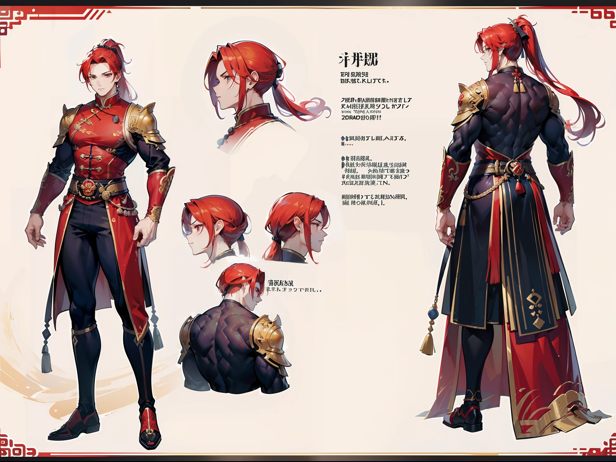 ((Masterpiece, Highest quality)), Detailed face, character design sheet， full bodyesbian, Full of details, frontal body view, back body view, Highly detailed, Depth, Many parts, Muscle boy with ponytail long red hair，handsome man, muscle body, Traditional chinese clothes, Genshin Impact, man tall,