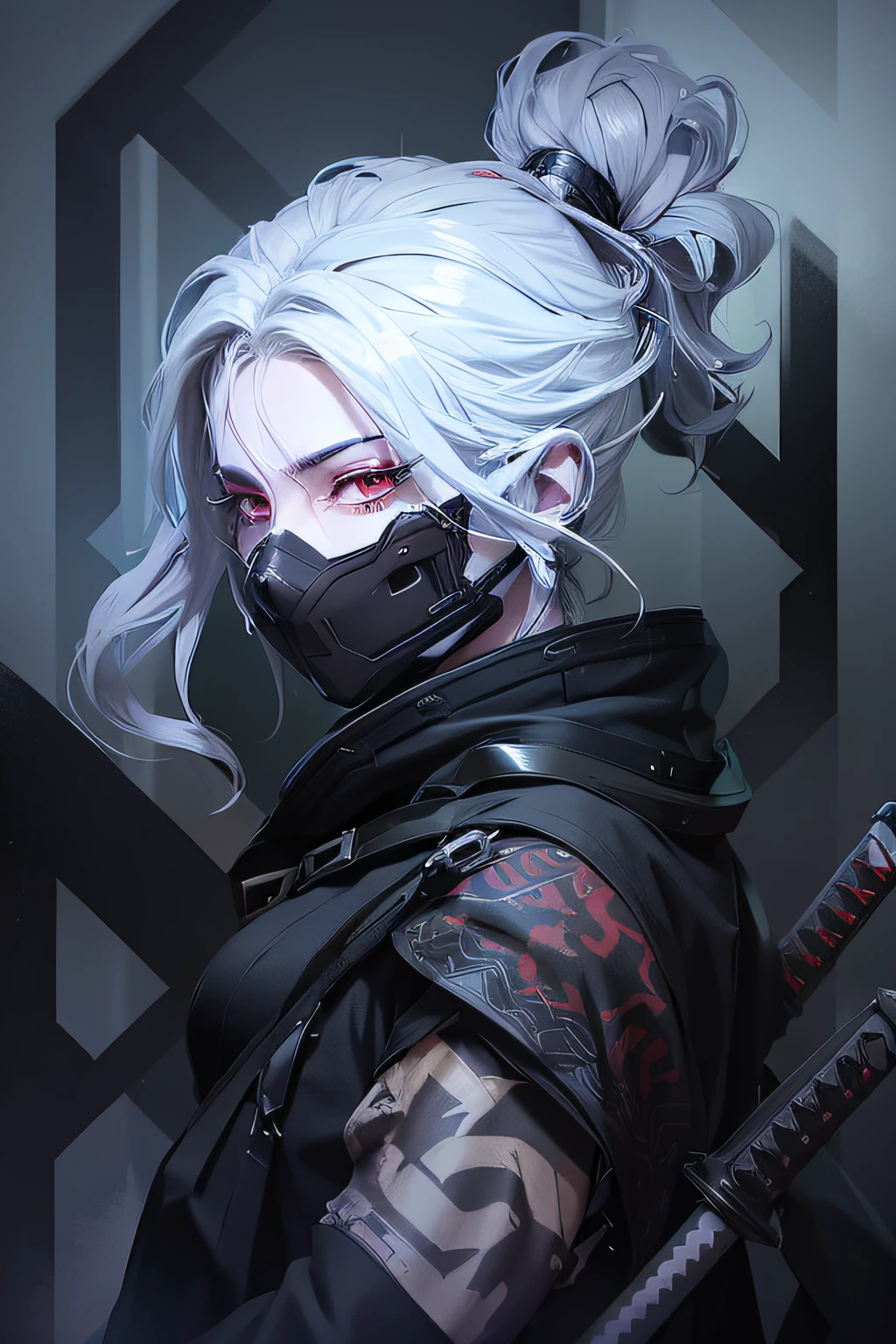 A closeup of a person wearing a mask and holding a baseball bat, Arte no estilo de Guweiz, arte digital do anime cyberpunk, samurai cyberpunk muito bonito, goth ninja, arte cyberpunk anime, cyberpunk digital - arte de anime, Digital anime illustration, estilo de arte cyberpunk, Garota de anime cyberpunk com capuz, arte de anime cyberpunk, arte de personagem impressionante, cyberpunk themed art