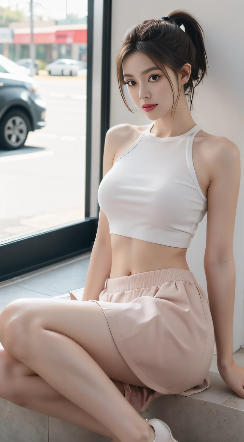 Top image quality、RAW photography、超A high resolution、18 years old cute girl、Limited to one person，Short pleated skirt，Sports bra，vests，The girl poses for a photo，（The skirt is raised：1.8)，(Show panties 1 .9)，full bodyesbian，Slim body，Bigchest，huge tit，Slim girl model，woman model，Beautiful waist，Very slender legs，adolable，on a sofa