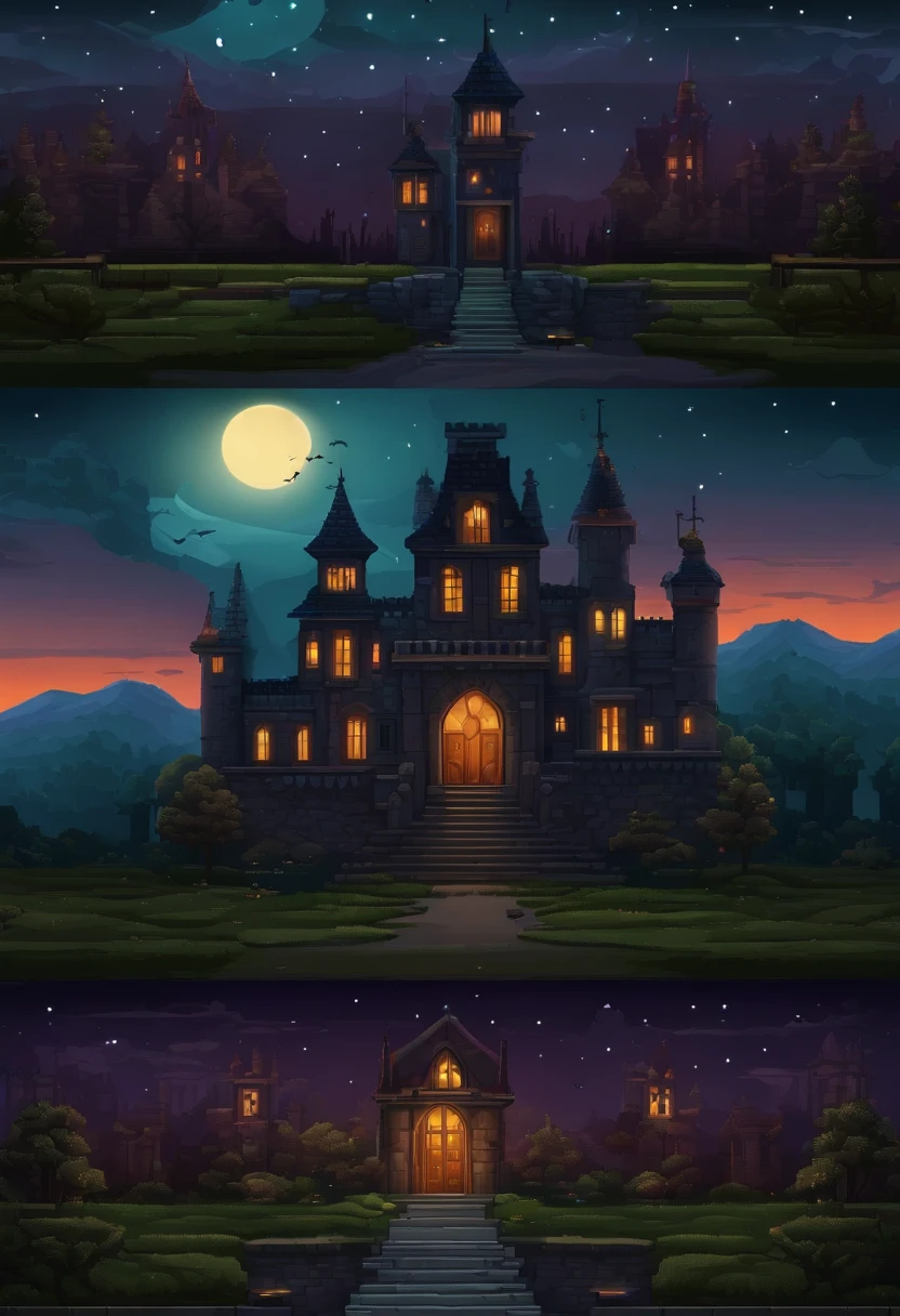 Create haunted house floor background and sprite with pixel art sprite shape, "No letters, cartoonist, Haunted castle background with pixel art landscape floor, it is night