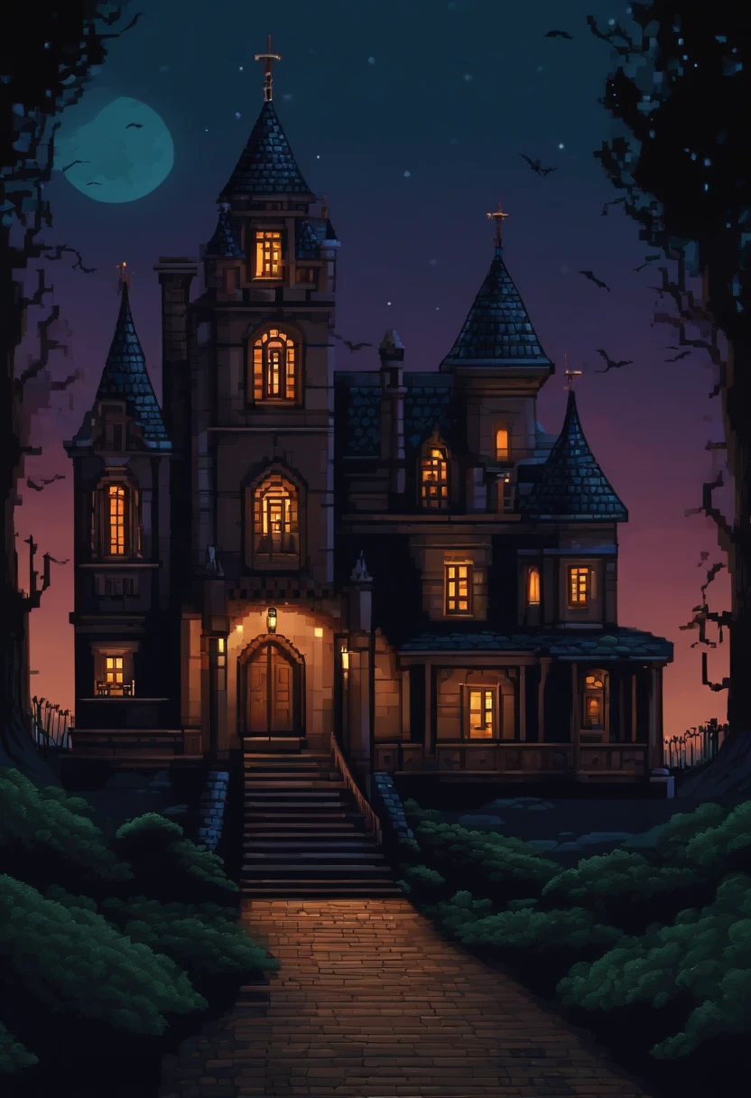 Create haunted house floor background and sprite with pixel art sprite shape, "No letters, cartoonist, Haunted castle background with pixel art landscape floor, it is night