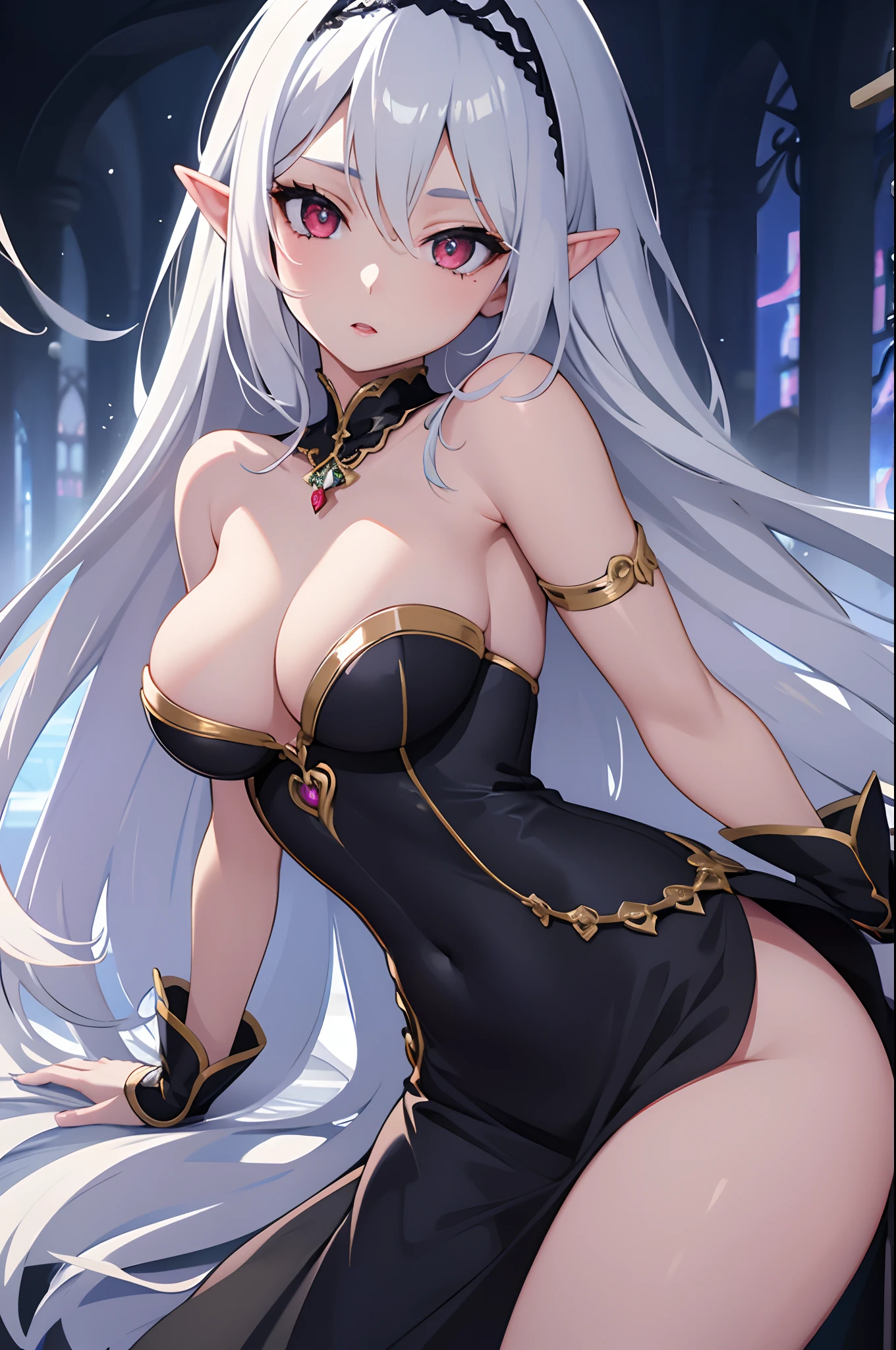 1girl, anime, cute girl, elf, blank background, white background, fantasy, detailed dark fantasy dress with highlights, beautiful face, beautiful eyes, dark colors, medium breasts, slight cleavage, beautiful skin, cute, silver hair, red eyes, breast curtains, extremely delicate and beautiful, (beautiful detailed face:1.0), (detailed deep eyes), symmetrical breasts, deep eyes, shiny skin, portrait, slender waist, hips wider than shoulders, thighs, young girl