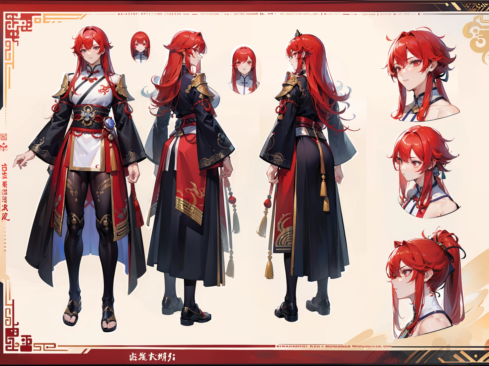 ((Masterpiece, Highest quality)), Detailed face, character design sheet， full bodyesbian, Full of details, frontal body view, back body view, Highly detailed, Depth, Many parts, Muscle boy with long red hair with long bangs，handsome man, muscle body, Traditional chinese clothes, Genshin Impact, man tall