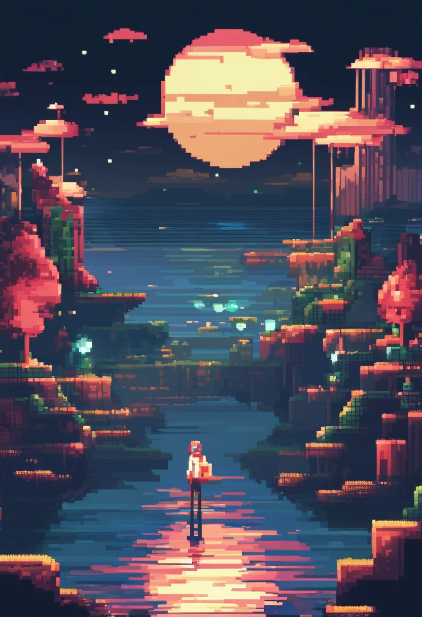 UPER Viewing Camera , chip , River, Soft light , a moon, Nuit, Boy , The artwork , masutepiece, Game View, Pixel Perfect