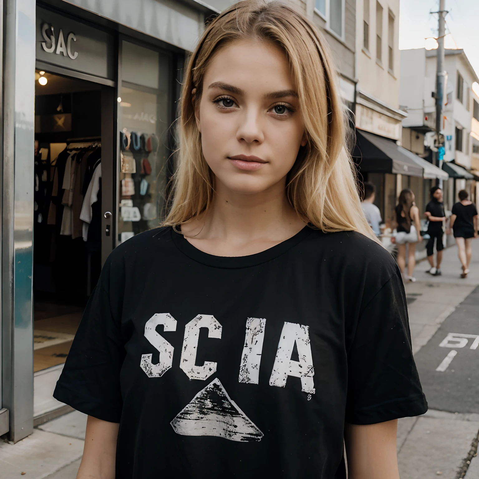 Put the SCAB logo on a black T-shirt a blond Street style the beach