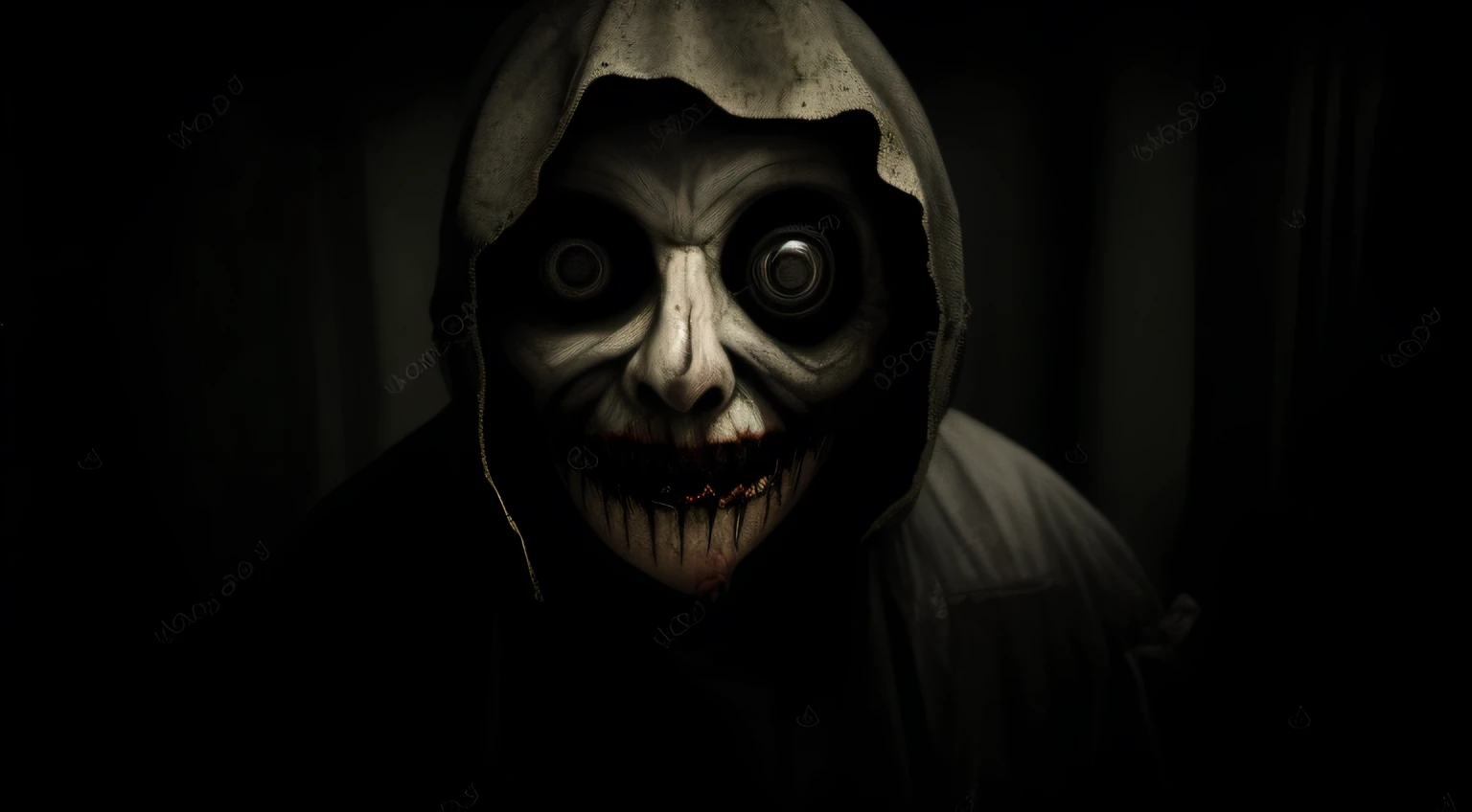 Close up portrait of a person wearing a mask and hood, Zombies with white eyes, horror macabre face, The scariest looking man alive, zombie in horror concept art, eerie person, evil smile and glowing eyes, Scary look, Horror Scary Horror, Scary pictures, horror face, haunted and sad expression, Creepy evil smile, Horror dramatic moments, Scary pictures, Horror Pictures