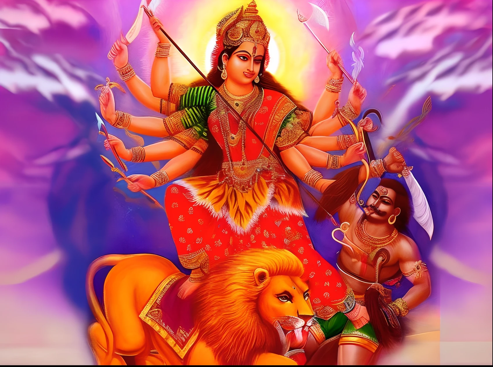 a painting of a woman with a lion and a man, indian goddess of wealth, indian goddess, hindu art, devainart, hindu gods, hindu god, divine goddess, kali, indian god, attractive male deity, female goddess, sharandula, goddess of love and peace, female lord of change, narasimha, gorgeous goddess of leo
