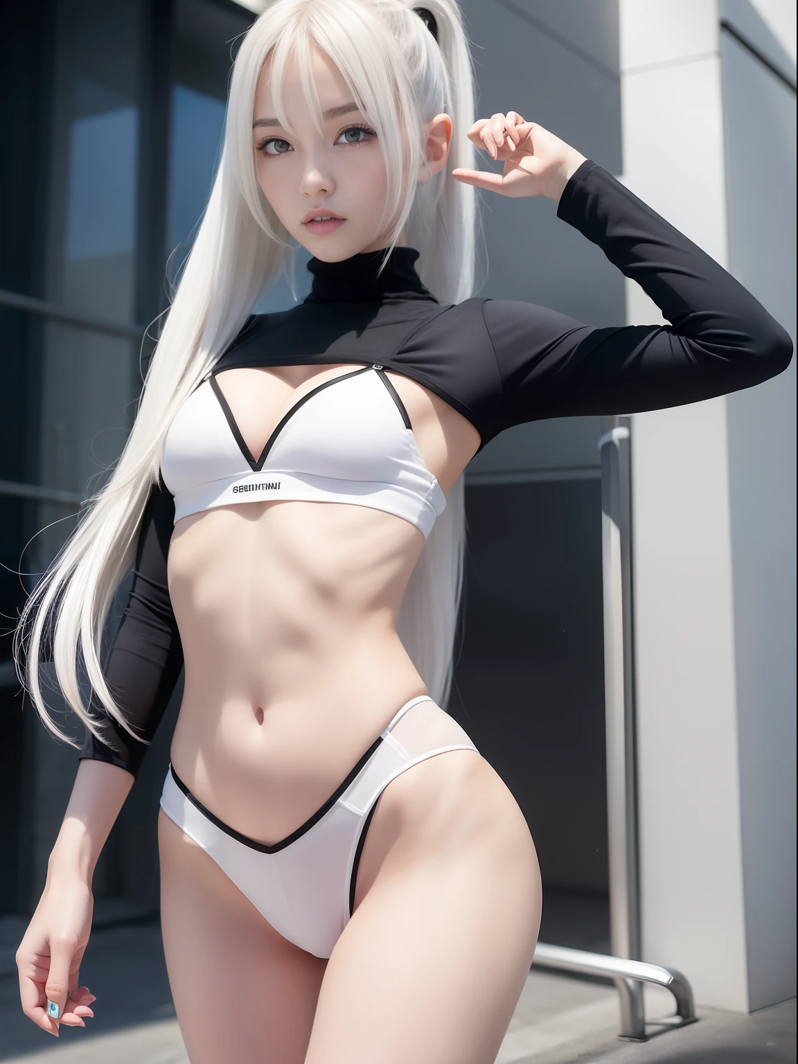 A world of only white, Black and gray(Futuristic Nordic city),20 years girl,masutepiece , Best Quality,The best illustrations(Soft texture),Nahida(GenshinImpact) ,very slender body,tiny chest,Skinny Legs,Long hair ,Side Ponytail, Hair Ornament ,Street, White hair , White hair , hand behind head:1.5,multicolored hair, elf ,Skinny Legs,smil,Tsundere,