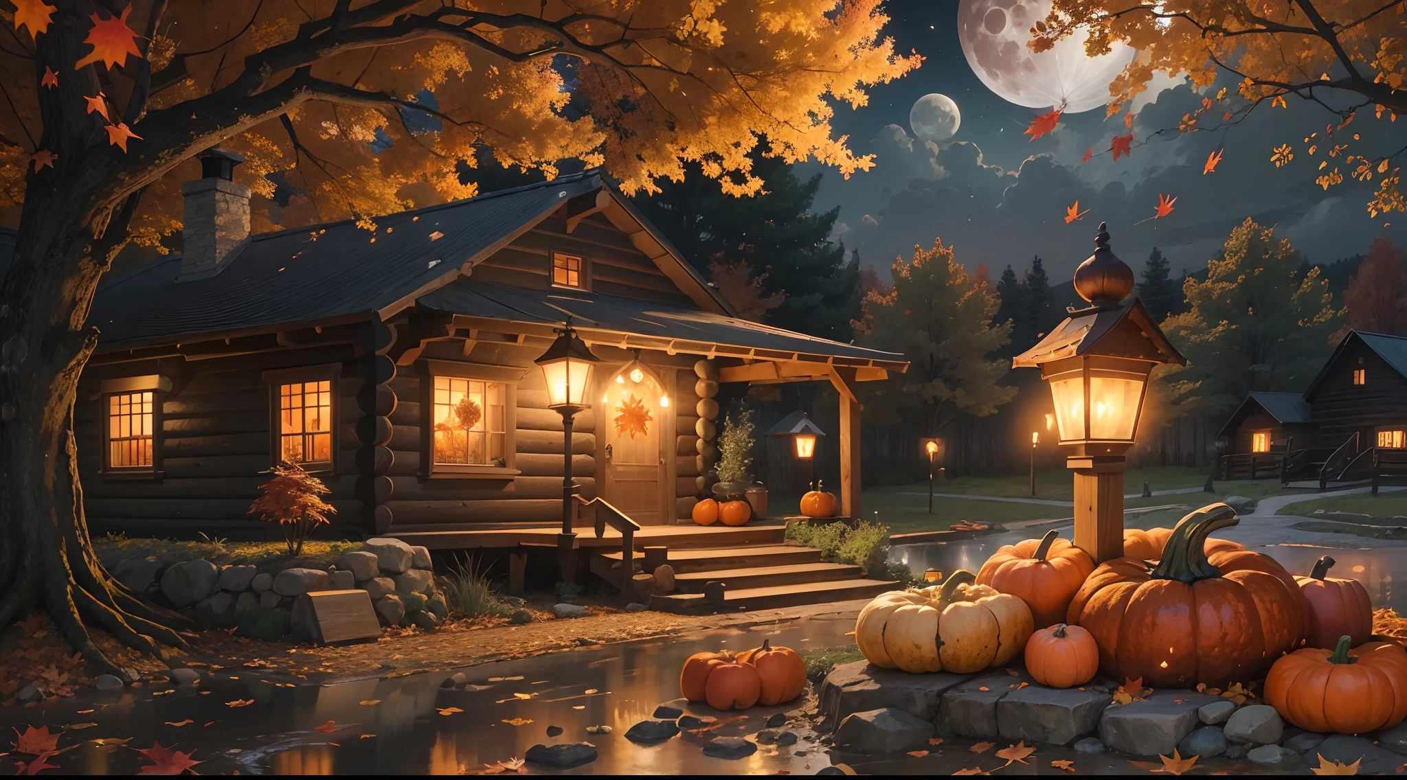 Autumn Scenery, pumpkins night view, full moon, small cabin, falling leaves, Autumn weather, Autumn, water fountain, realistic, lantern, fireflames