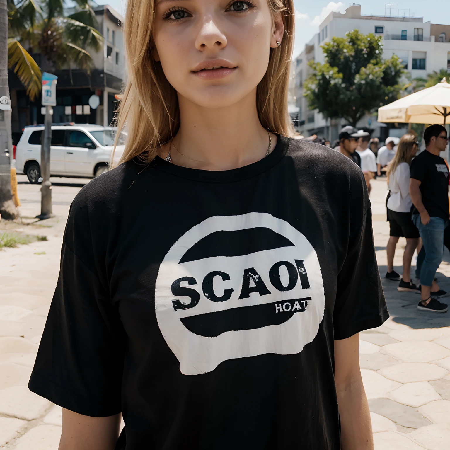 Put the SCAB logo on a black T-shirt a blond Street style the beach