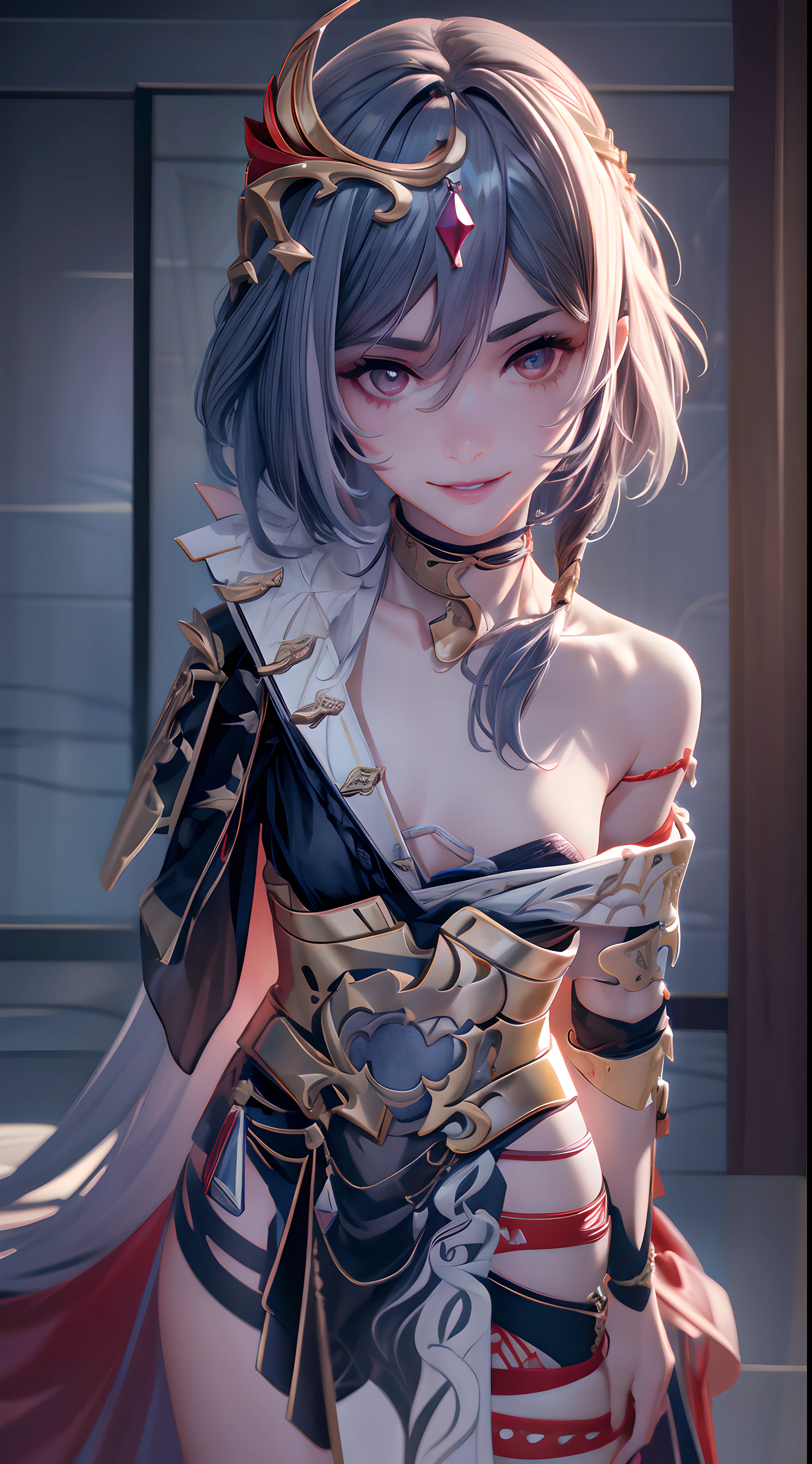 (Masterpiece,best quality,highres,complex details),1 girl,senti,flat chest,grey hair,hair ornament,red gem,senti,armor,dress,exposed shoulders,open chest,pull down,wide hips,close up,extremely detailed texutre,realistic,octane render,pov,nsfw,1 girl solo,kabedon pov,gorgeous smile,lips,look at viewer