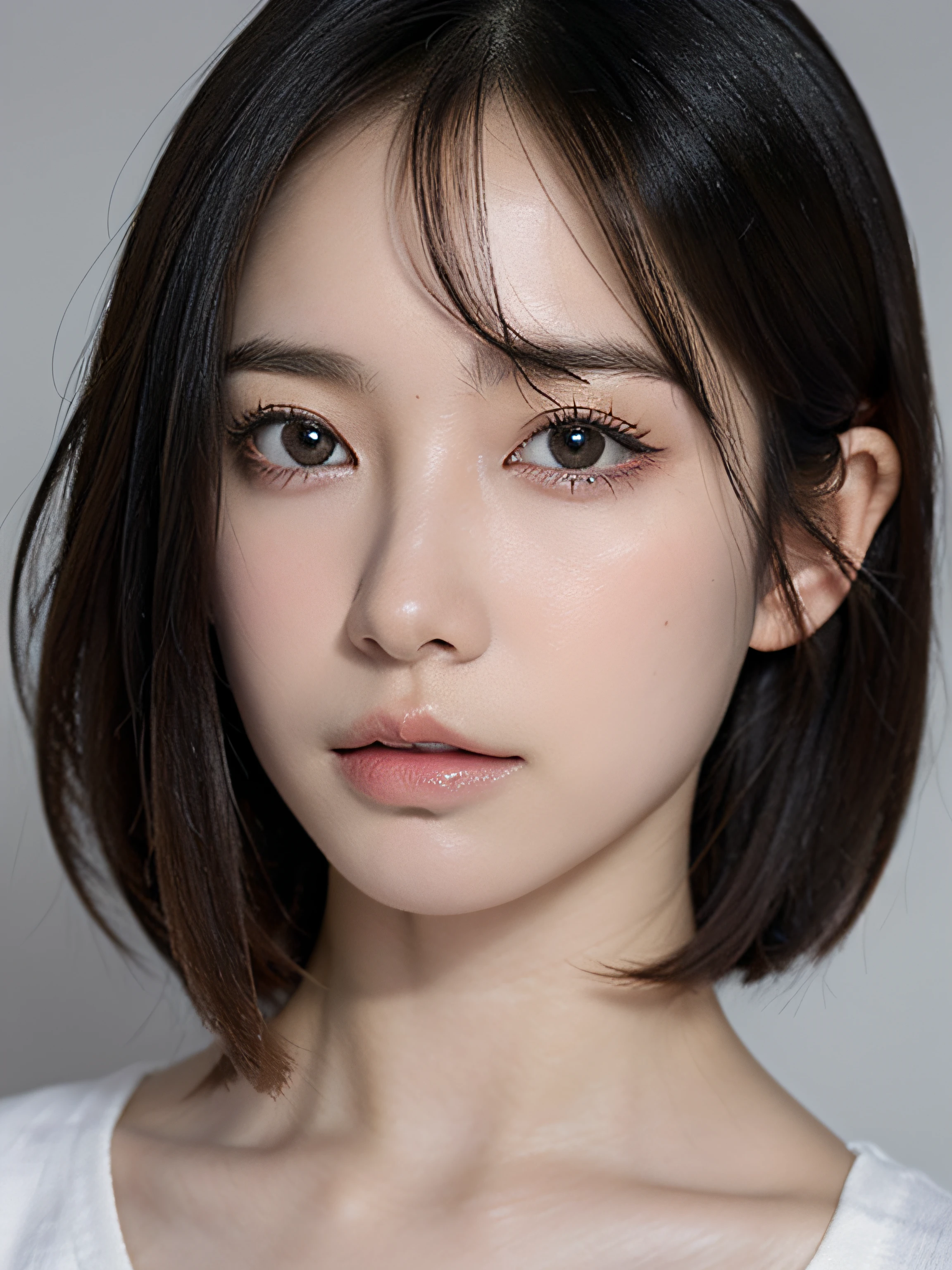20-year-old Korean girl with a photorealistic face, showcasing top-quality craftsmanship. Her slender frame is adorned with short, messy hair. The artwork is high-resolution, allowing for ultra-detailed features to be captured flawlessly. The girl is depicted naked. The focus lies on the realistic pupils, showcasing depth and emotion. incredibly absurd, beautiful girl, cute.
