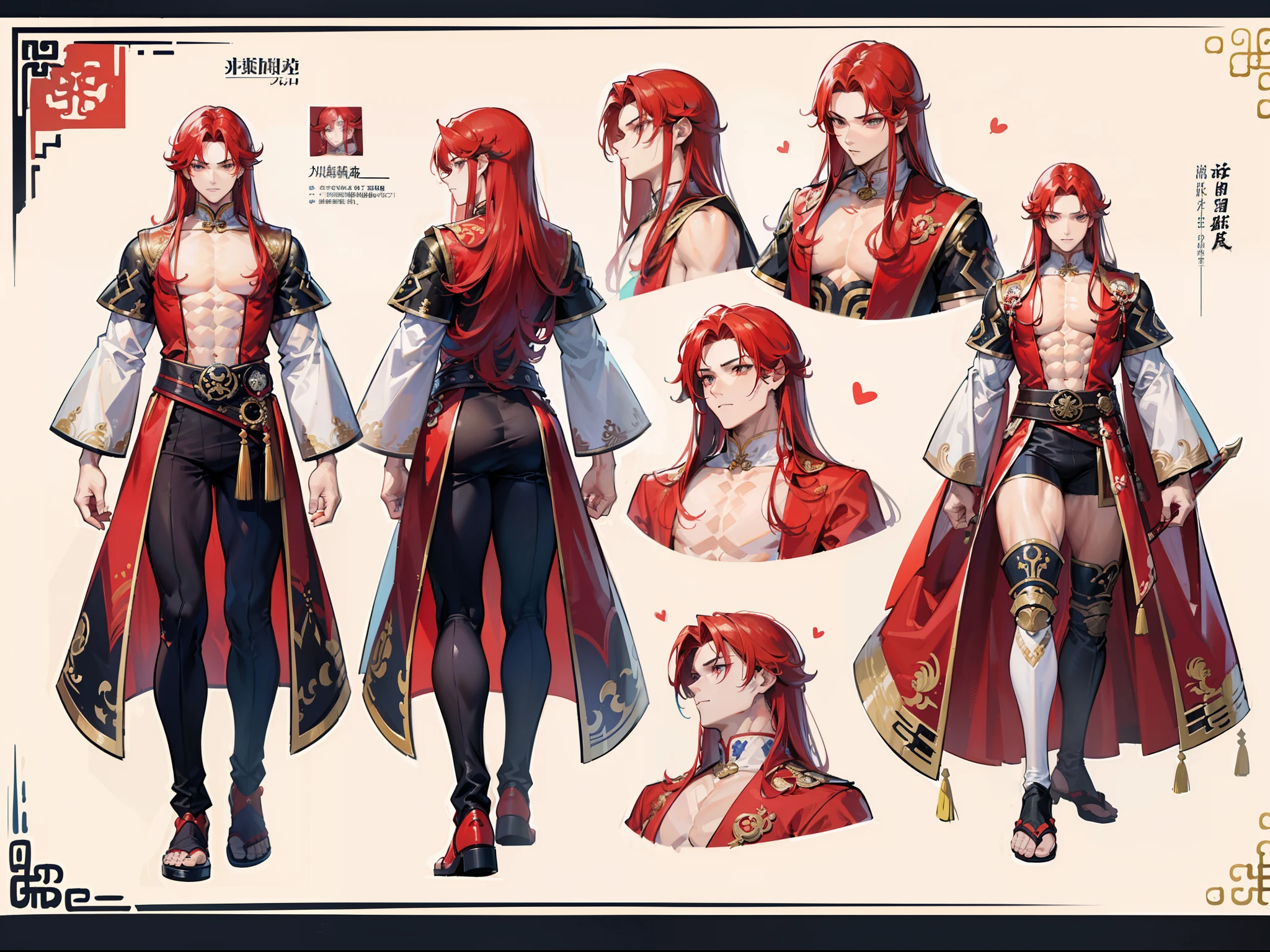 ((Masterpiece, Highest quality)), Detailed face, character design sheet， full bodyesbian, Full of details, frontal body view, back body view, Highly detailed, Depth, Many parts, Muscle boy with long red hair with long bangs，handsome man, muscle body, Traditional chinese clothes, Genshin Impact, man tall, pectoral muscles, abs