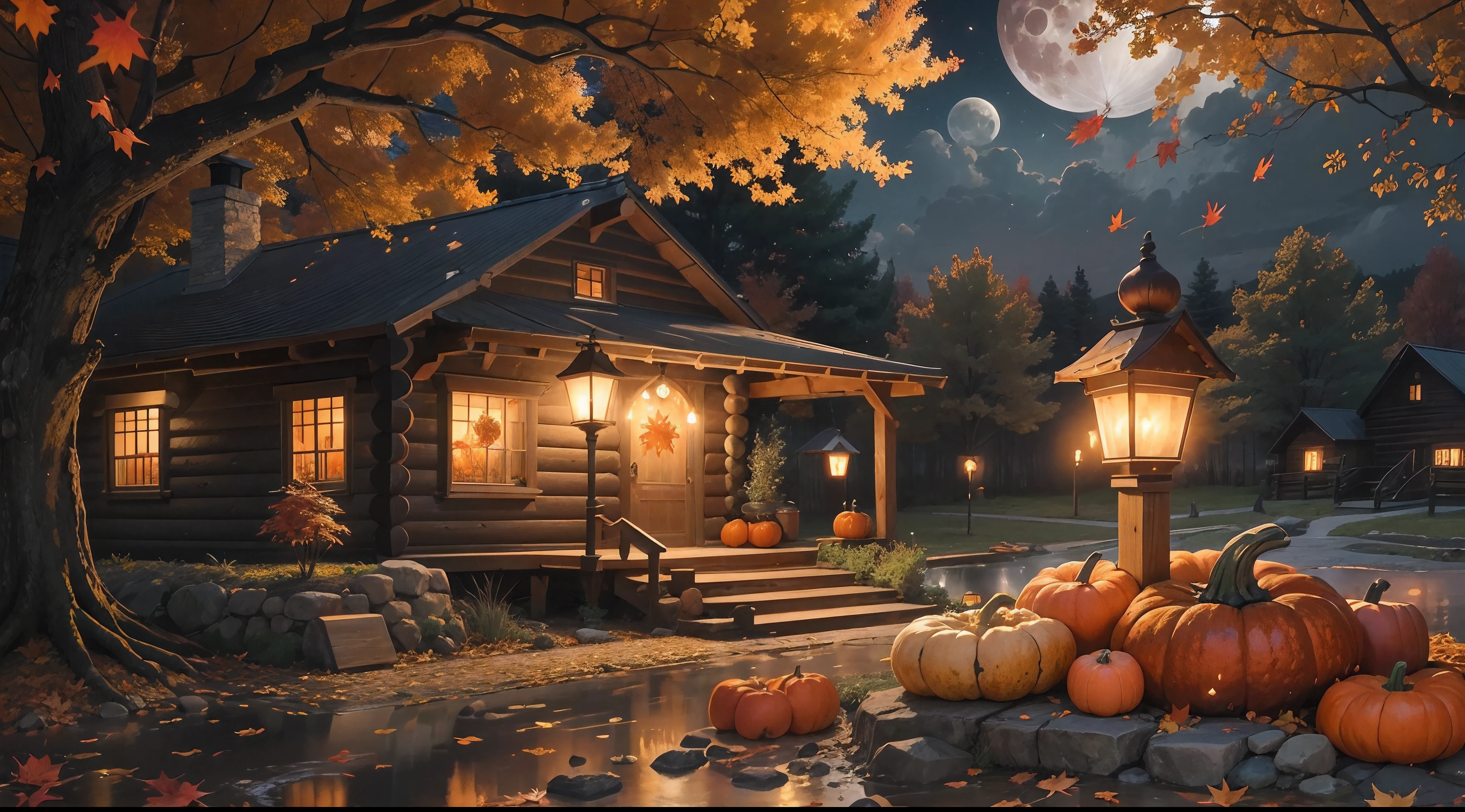 Autumn Scenery, pumpkins night view, full moon, small cabin, falling leaves, Autumn weather, Autumn, water fountain, realistic, lantern, fireflames