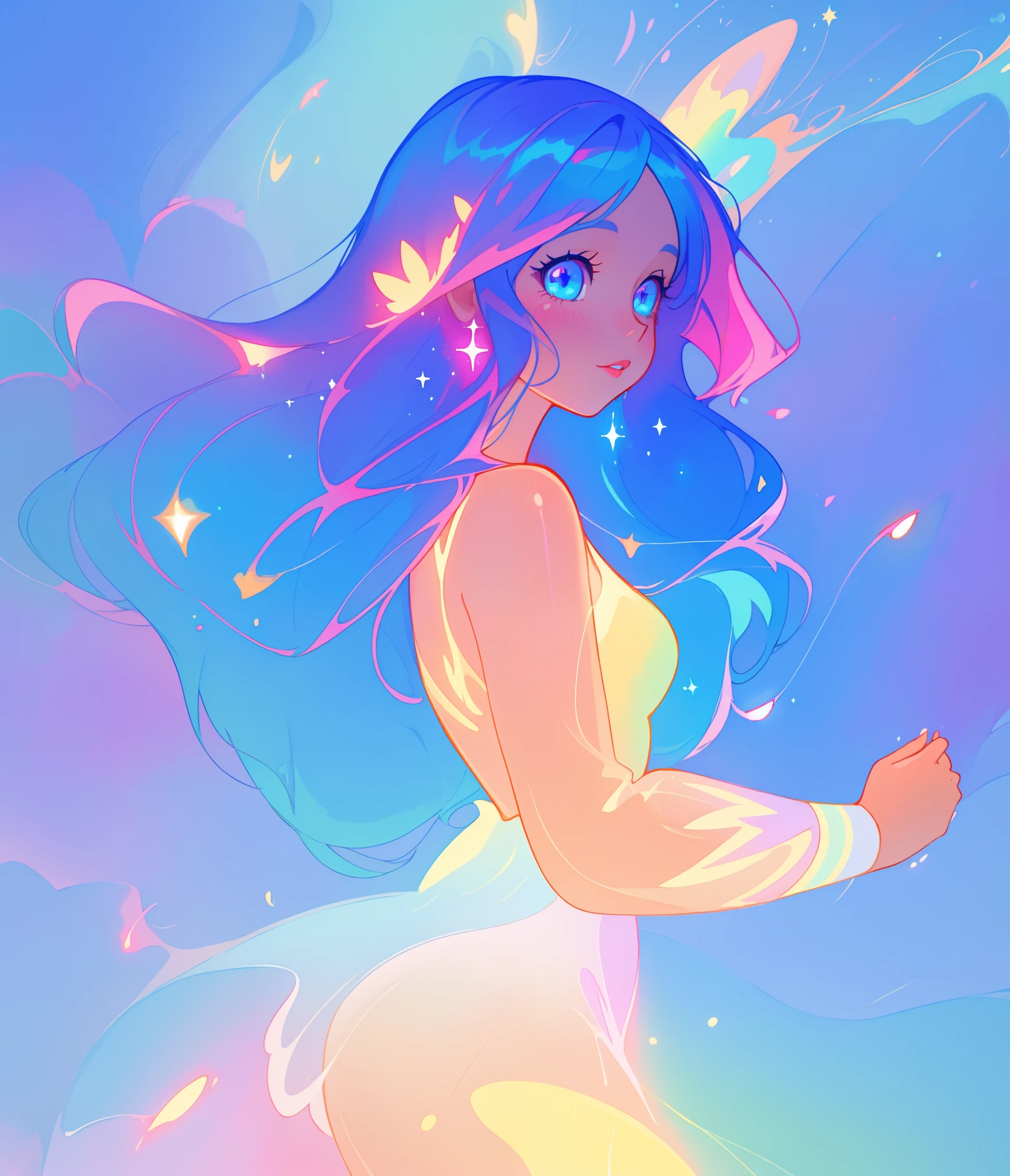 beautiful anime girl in colorful liquid dress, vibrant pastel colors, (colorful), magical lights, sparkling liquid light, colorful cosmic hair, inspired by Glen Keane, inspired by Lois van Baarle, disney art style, by Lois van Baarle, glowing aura around her, by Glen Keane, jen bartel, glowing lights! digital painting, flowing glowing hair, glowing flowing hair, beautiful digital illustration, fantasia background, whimsical, magical, fantasy, beautiful face, ((masterpiece, best quality)), intricate details, highly detailed, sharp focus, 8k resolution, sparkling detailed eyes, liquid watercolor