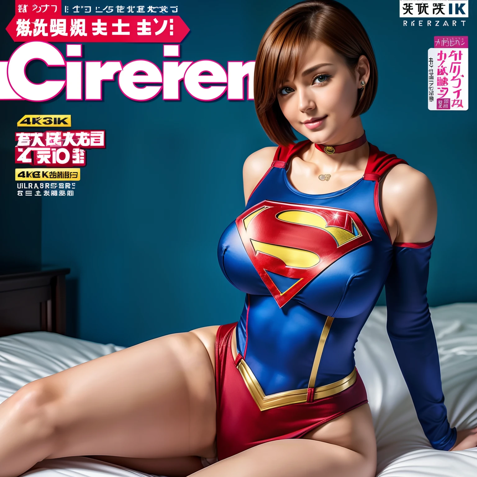 (Best Quality,4K,8K,hight resolution,masutepiece:1.2),Ultra-detailed,Realistic:1.37,Super masterpiece,Short-haired Supergirl sitting on bed、large full breasts、Looking at the camera、a choker、bare-legged、Weekly magazine cover、Cheerful pose、highleg leotard、a miniskirt