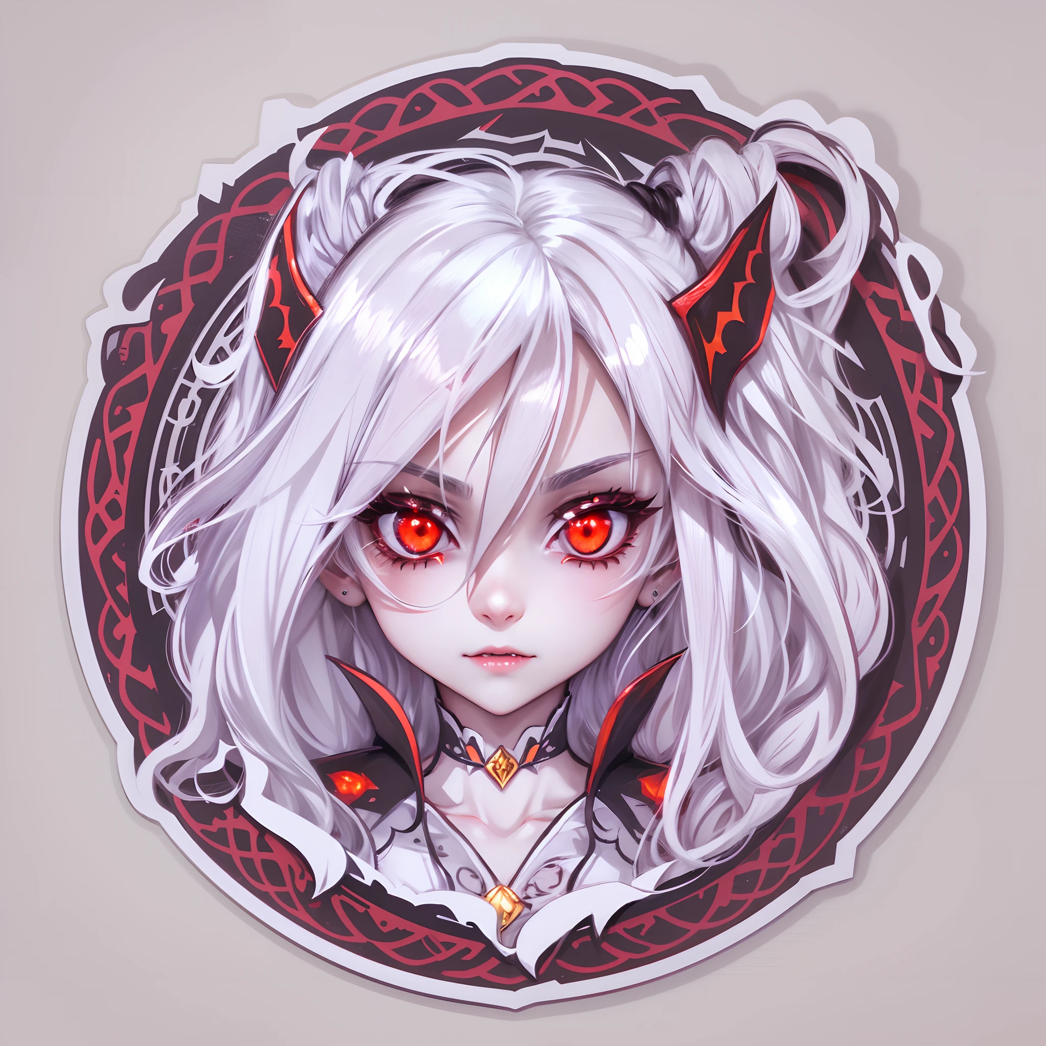 (Sticker),White background,(in circle), (3D anime vampires), long layered silvery white hair,elvish ears,Red eyes,poison fangs,A confident expression,(cute clothing).Gold border,Simple, Ultra detailed, Detailed drawing, vectorised, 8K, professional sticker design, Flat design, Vector lines, Sticker, Full-HD