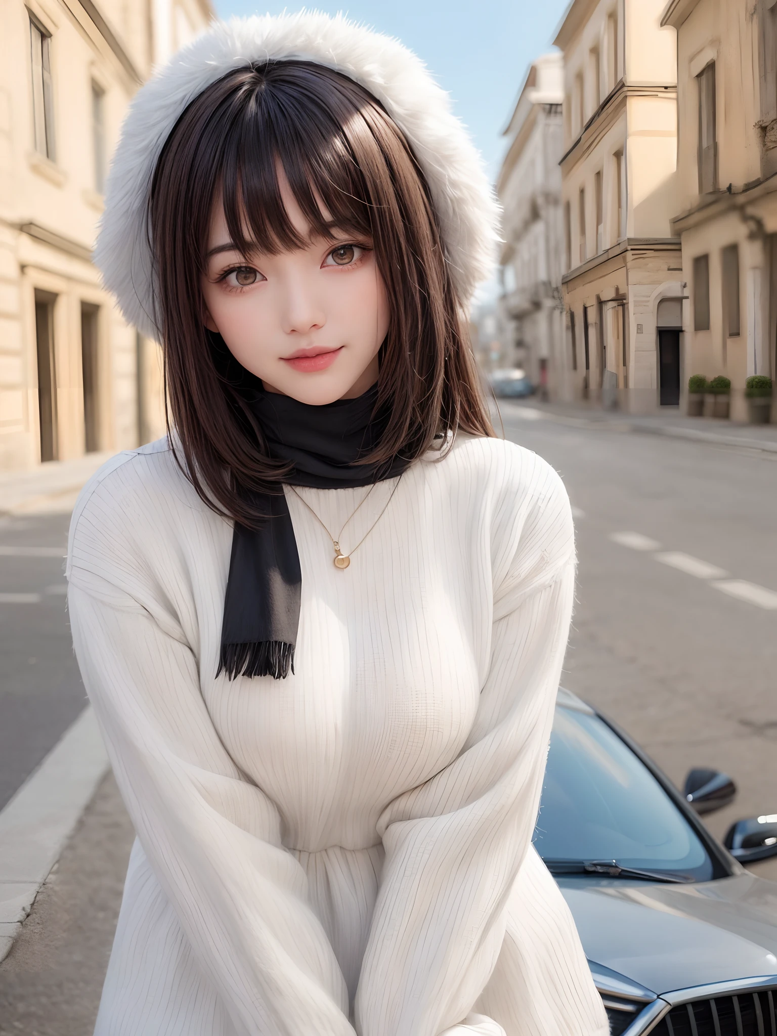 (masterpiece, top-quality、Very attractive adult beauty、Add intense highlights to the eyes、Look firmly at the camera),1girl in, 独奏, A dark-haired, scarf, Hats,, realisitic, looking at the viewers, black eyes of light color, shorth hair, coat, Winter clothes, White headscarf, s lips, lipgloss,bangss, The upper part of the body、big eye、Lashes)、((Road system in Italy))、((Shorthair with bangs、big eye、Put very strong highlights in your students、very Bigger breasts、gazing at viewer、Very beautiful beauty、Put your ears out、long neck、little smiling、Beautiful teeth、Open your mouth and smile))、28 year old、Very cute supermodel