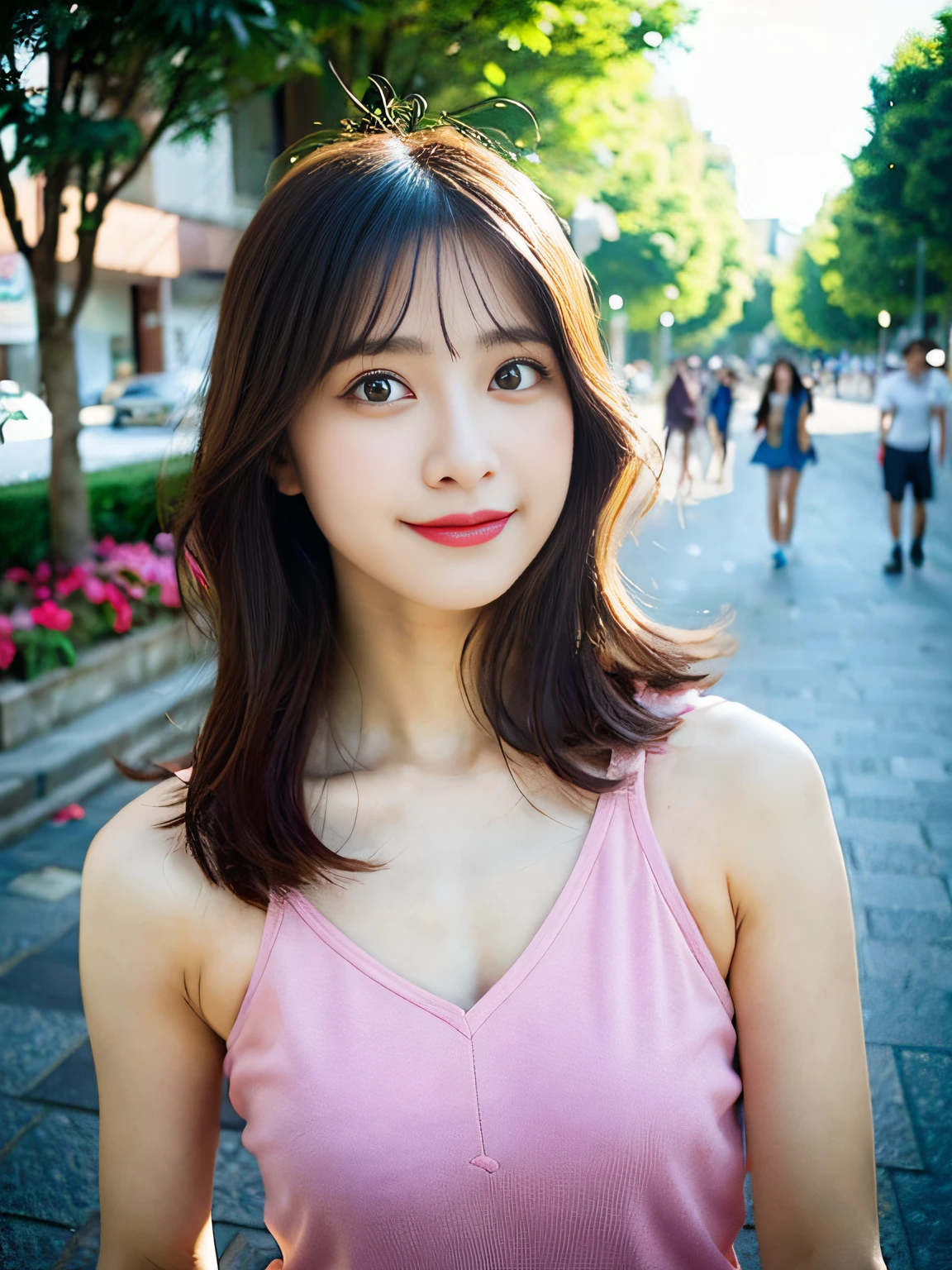 Crea una mujer joven fotorrealista con cabello rubio (longitud hasta sus hombros), ojos azules y tetas grandes. Lleva una polera, cuello V, Ajuste largo y manga larga, sin sujetador, And he's also wearing a pair of unicolor shorts. Ella sale en las calles de Tokio, Empapado. La polera rosada se adhiere a su cuerpo y es un poco transparente. cuerpo completo, Disparo gran angular.