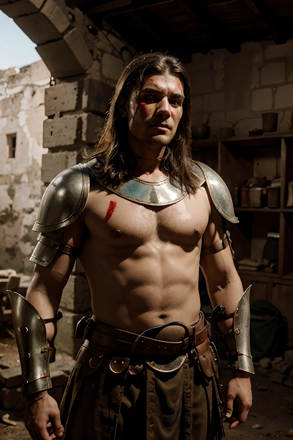 medieval balkan warrior with blood on armor after battle with soldiers around