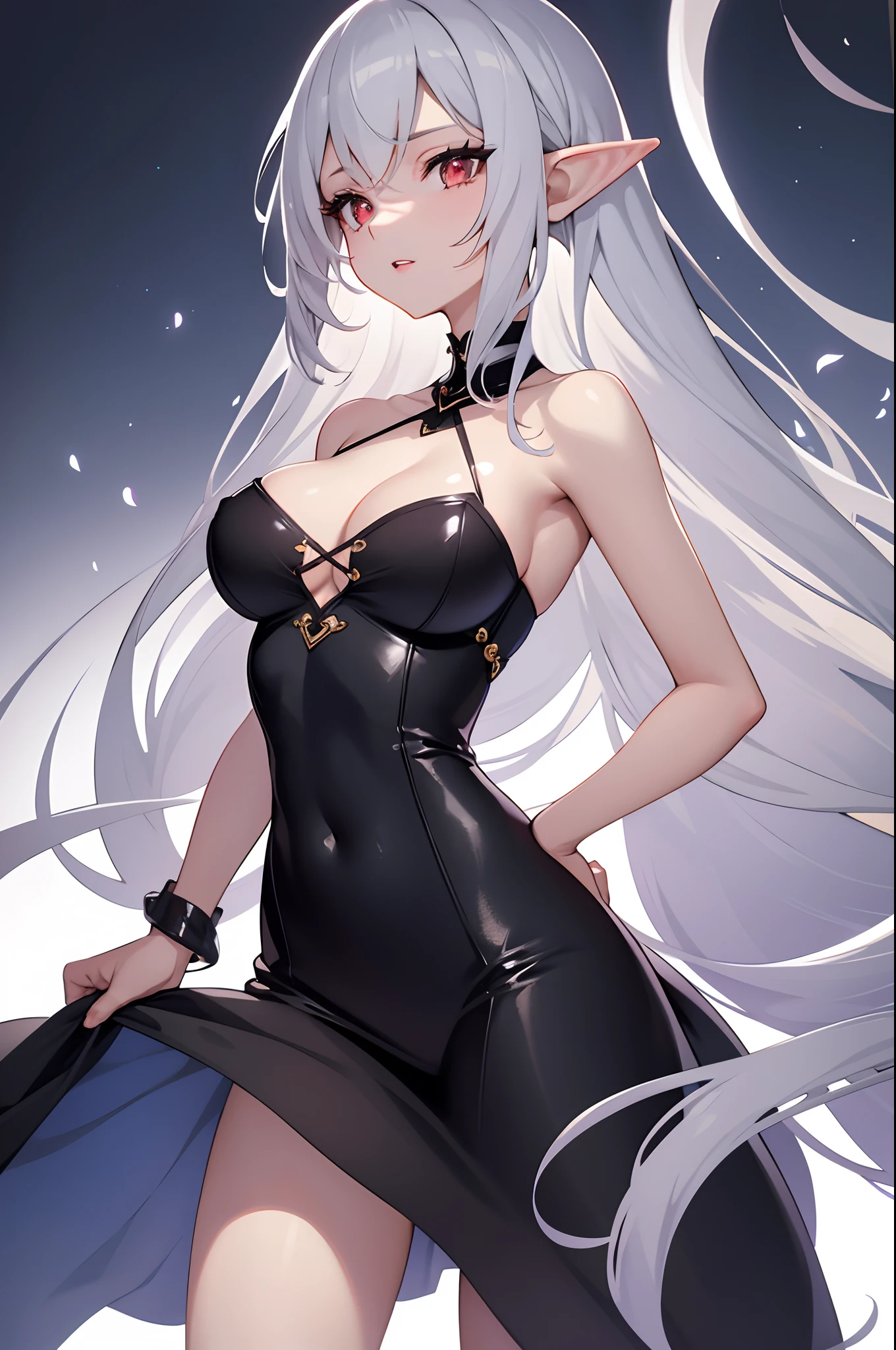 1girl, anime, cute girl, elf, blank background, white background, fantasy, detailed dark fantasy dress with highlights, beautiful face, beautiful eyes, dark colors, medium breasts, slight cleavage, beautiful skin, cute, silver hair, red eyes, breast curtains, extremely delicate and beautiful, (beautiful detailed face:1.0), (detailed deep eyes), symmetrical breasts, deep eyes, shiny skin, portrait, slender waist, hips wider than shoulders, thighs, young girl