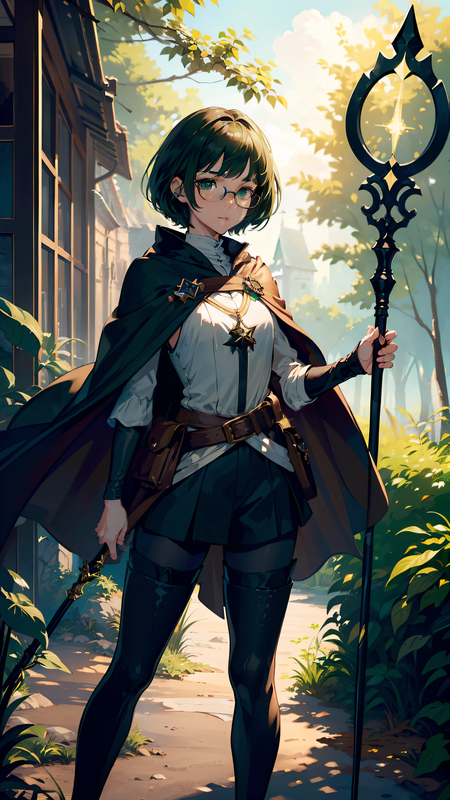 masterpiece, ultra detailed, 8k portrait, RAW photo, portrait photography, highly detailed face, beautiful and meticulous eyes, ((Fantasy)), Young beautiful, , child, dynamse, (((short deep green bobbed hair))), blunt bangs, White skin color, glasses, Luxury, (((tunic and short pants))), (((brown cape))), (((little waist hip pouch))), (((dark thigh high tights))), high cut leather boots, ((holding long magical staff)), Midday Sun, hyper realistic, slender body, flat chest, Long legs, on the medieval load, Ambient lighting, Shadow details , Camera focus on face, strong breeze, Light fog