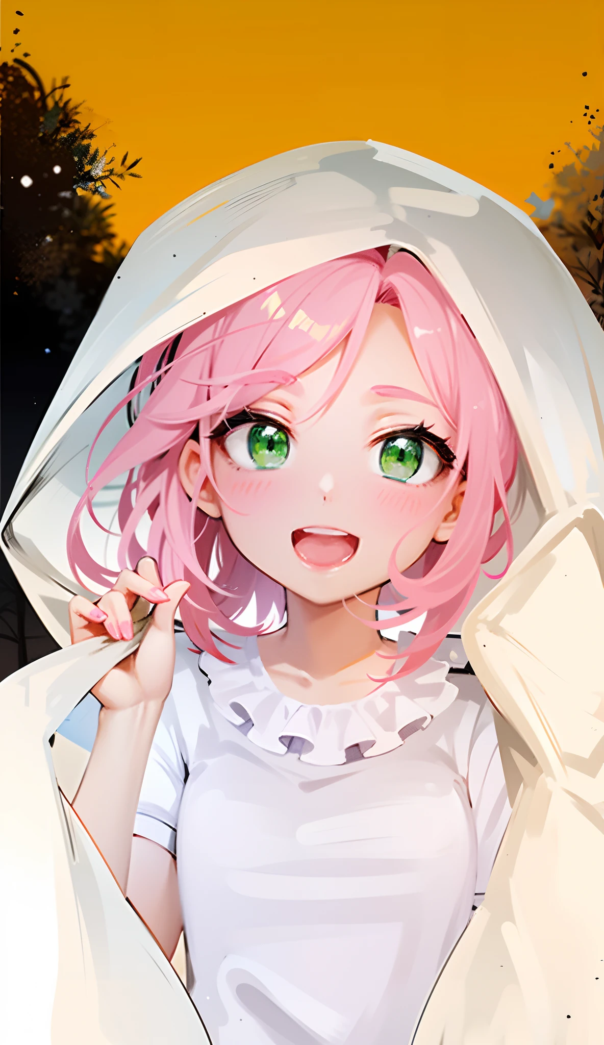 Menina anime com cabelo rosa e olhos verdes no vestido branco, haruno sakura, sakura haruno, Sakura Haruno no modo Slug Sage, [[[[sorrindo malvado]]]], Demon Slayer rui fanart, visual anime de uma menina bonito, Shirabii, em estilo anime, em estilo anime, Neferpitou, com cabelo rosa, garota de cabelo rosa, art 8K, desenho detalhado, olhos verdes, ceu com nuvens e pasaros