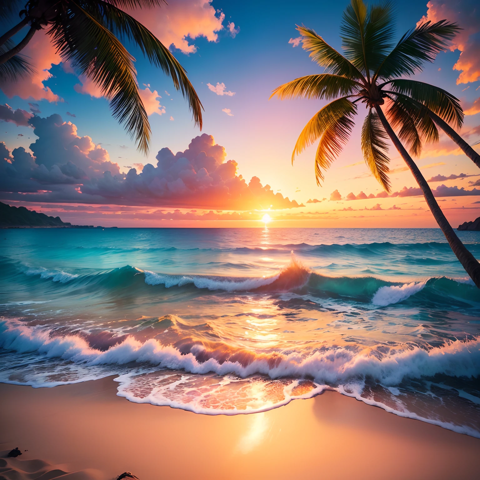 (Best Quality,Realistic,Photorealistic:1.2),Vivid colors,stunning landscape,Enchanting sunsets,Golden Horizon,Colorful sunset over the horizon,crystal clear ocean,White sandy beach,Crashing waves,Swaying palm trees.