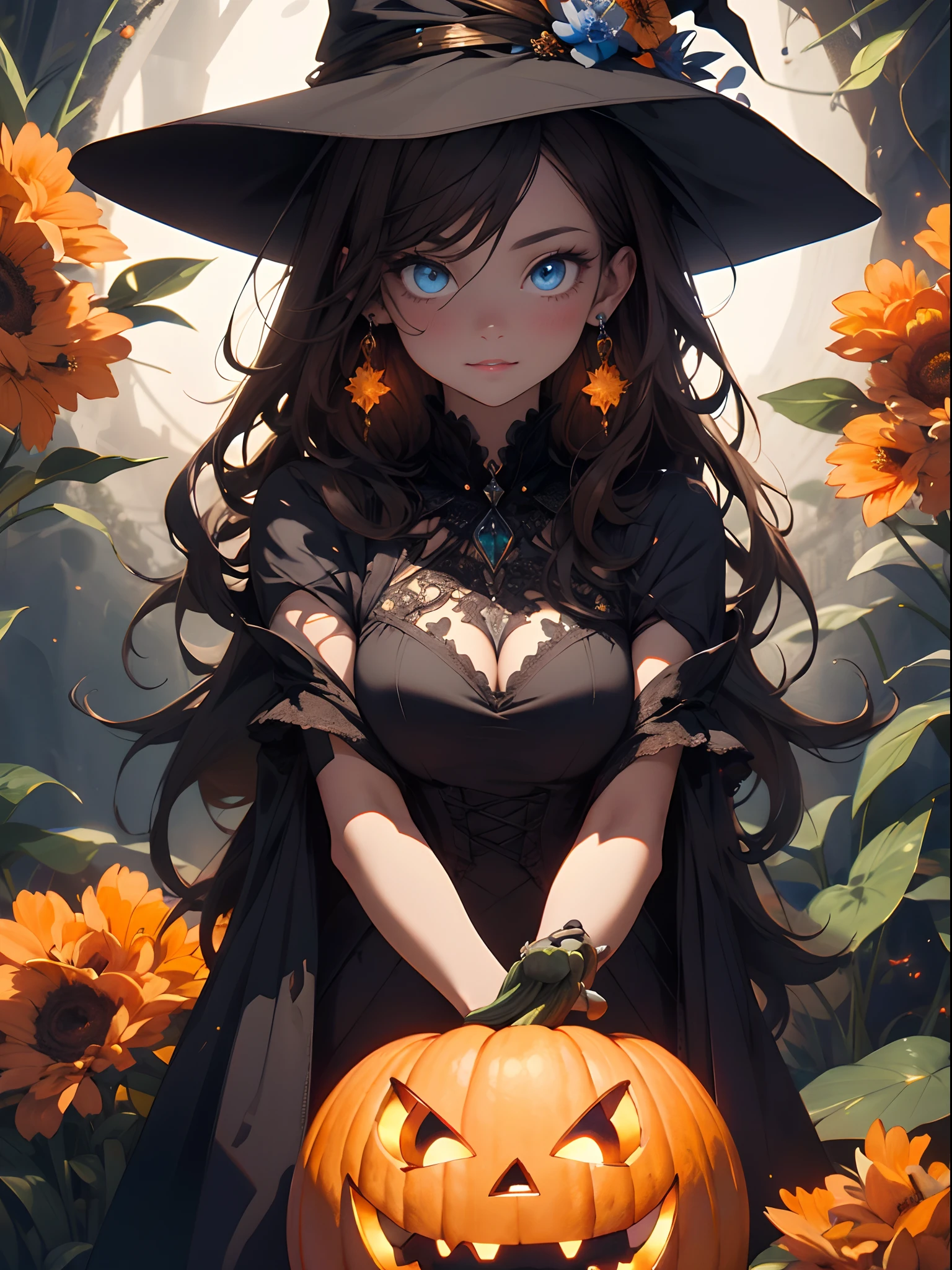absurdres, highres, ultra detailed,Realistic, (Masterpiece, Superior Quality, Best Quality, Official Art, Beauty and Aesthetics: 1.2), intricate Detailed, Fractal Art, Colorful, orange color palette in the background. More Detailed, Zentangle, (Abstract Background: 1.5) (1girl: 1.3), beautiful  witch, pumpkin earrings, pumpkin motif accessories Brown Skin, Brown Hair, Long Hair, (Bright Blue Eyes),,  Jack-o'-Lantern background, orange flowers, Mysterious, (Magic), witch's hat and gothic robe ,Halloween atmosphere, [moonlight],