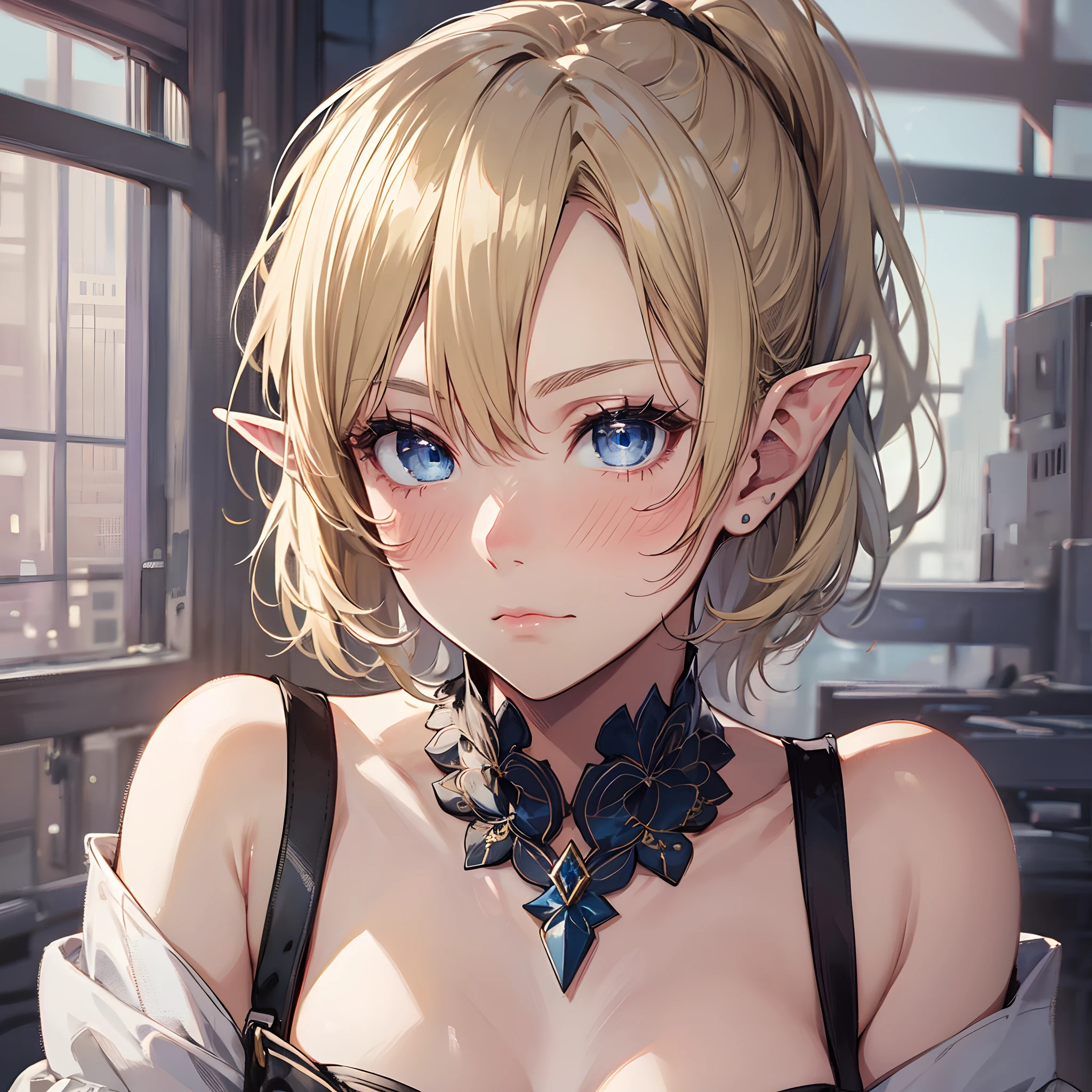 Beautiful Face, Female Focus, Short Blonde Hair w/ Bangs, Short Ponytail, Small Elf Ears, Highly Detailed, Masterpiece, Blue Eyes, (25 Years Old), Mature, Solo, Medium-Sized Breasts, Looking at Viewer, Pouting Face, Blush, Comfortable Clothes, Fantasy Aesthetics, Beautiful Background