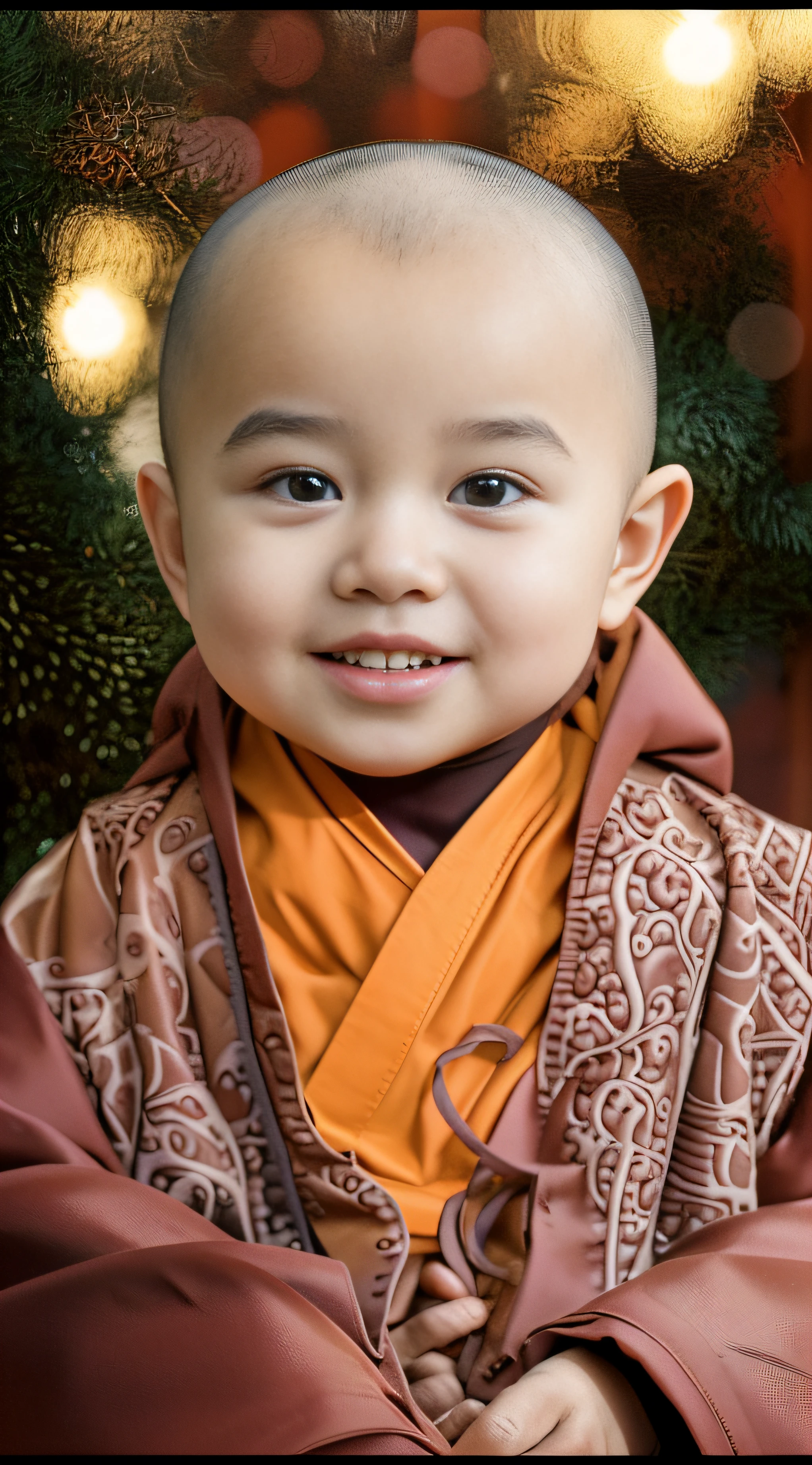 A young monk dressed in a monk's robe,had his hands folded,sit with legs crossed,Smile at the camera