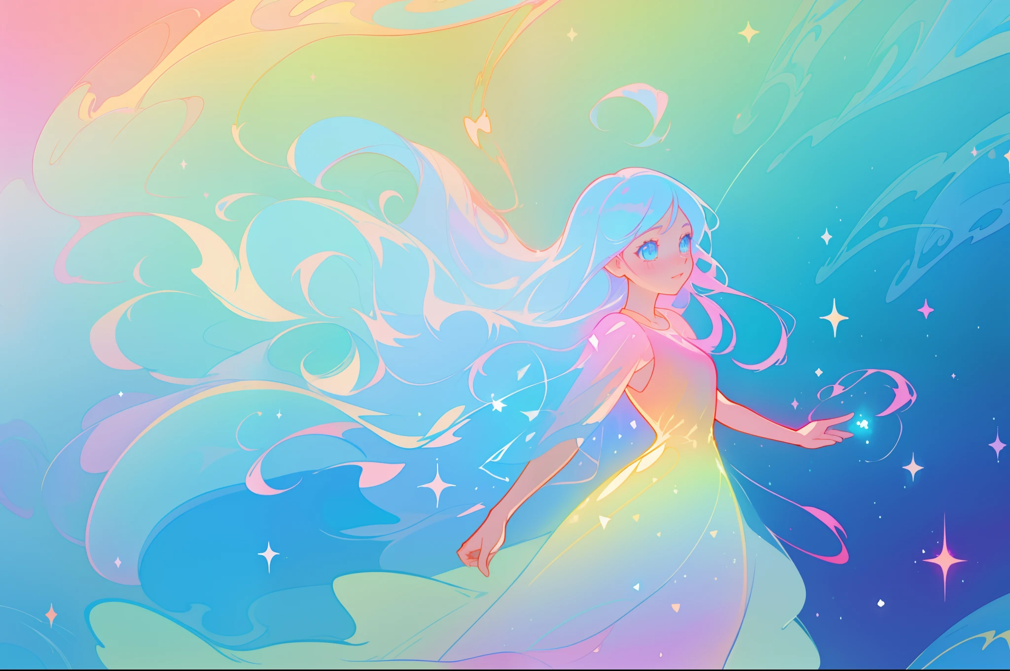 beautiful anime girl in colorful liquid dress, vibrant pastel colors, (colorful), magical lights, sparkling lines of light, inspired by Glen Keane, inspired by Lois van Baarle, disney art style, by Lois van Baarle, glowing aura around her, by Glen Keane, jen bartel, glowing lights! digital painting, flowing glowing hair, glowing flowing hair, beautiful digital illustration, fantasia background, whimsical, magical, fantasy, beautiful face, ((masterpiece, best quality)), intricate details, highly detailed, sharp focus, 8k resolution, sparkling detailed eyes, liquid watercolor