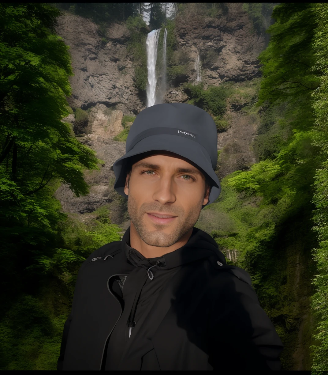 Homme en veste noire et chapeau debout devant une cascade, next to a waterfall, Waterfalls in the background, Waterfall in the background, debout devant une cascade, standing near a waterfall, avec des arbres et des cascades, avec une cascade, dans une grotte avec la cascade, avec cascades, devant un fond forestier randre l emage plus grand en affichant tous le corp de lhomme