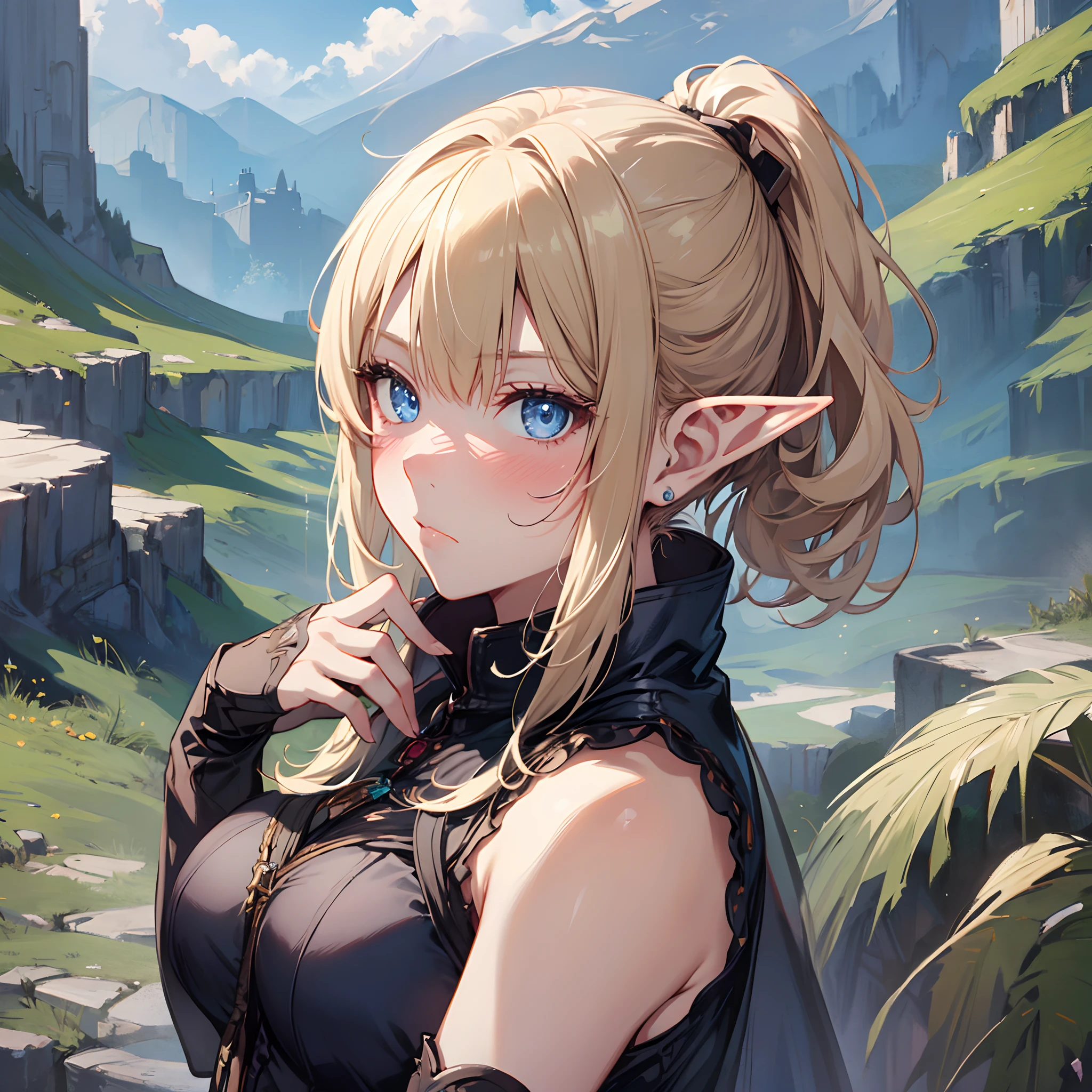 Beautiful Face, Female Focus, Short Blonde Hair w/ Bangs, Short Ponytail, Small Elf Ears, Highly Detailed, Masterpiece, Blue Eyes, (25 Years Old), Mature, Solo, Medium-Sized Breasts, Looking at Viewer, Pouting Face, Blush, Comfortable Clothes, Fantasy Aesthetics, Beautiful Background