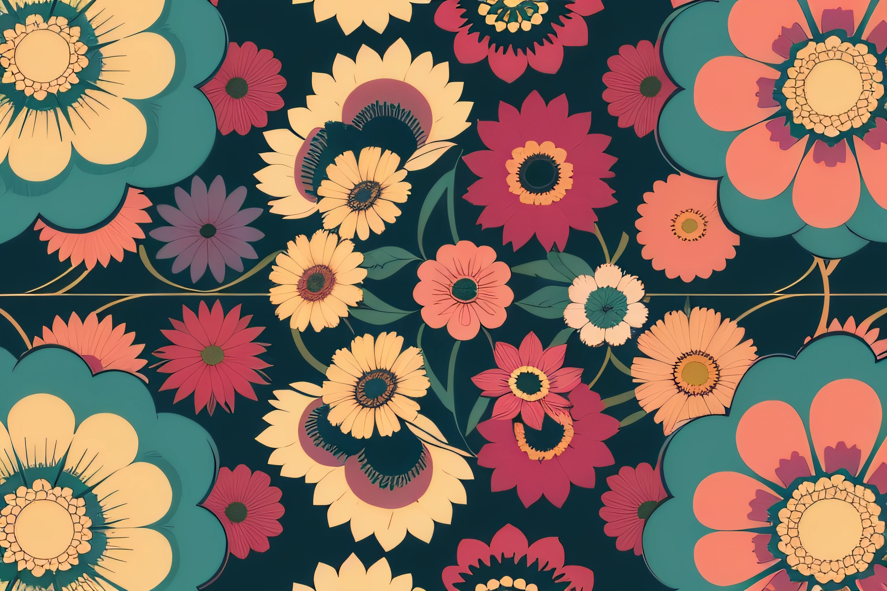 Aesthetic flowers, retro design pattern, multicolored, ((simple))