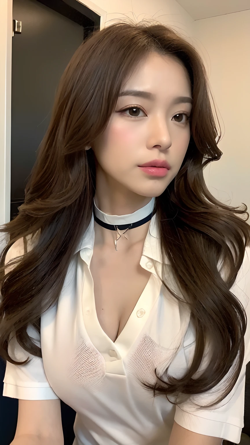 ((best qualtiy, 8K, tmasterpiece:1.3)), Focus:1.2, perfect figure beautiful woman:1.4, Cocked buttocks:1.2, ((Random Long Hairstyle) ((Brown Wavy Hair In Long Curls)) (Long white legs:1.3,(Polo shirt:1.2) , (inside in room: 1.2), Highly detailed facial and skin texture, A detailed eye, 二重まぶた,Whiten skin,(Straight big breasts:1.3), looking at camera, ((Wearing A Chocker))