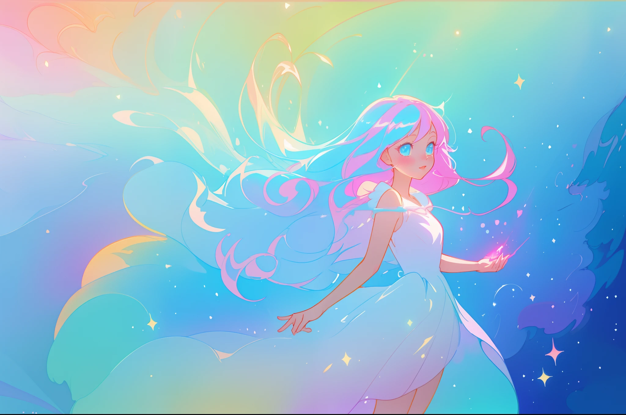 beautiful anime girl in colorful liquid dress, vibrant pastel colors, (colorful), magical lights, sparkling lines of light, inspired by Glen Keane, inspired by Lois van Baarle, disney art style, by Lois van Baarle, glowing aura around her, by Glen Keane, jen bartel, glowing lights! digital painting, flowing glowing hair, glowing flowing hair, beautiful digital illustration, fantasia background, whimsical, magical, fantasy, beautiful face, ((masterpiece, best quality)), intricate details, highly detailed, sharp focus, 8k resolution, sparkling detailed eyes, liquid watercolor