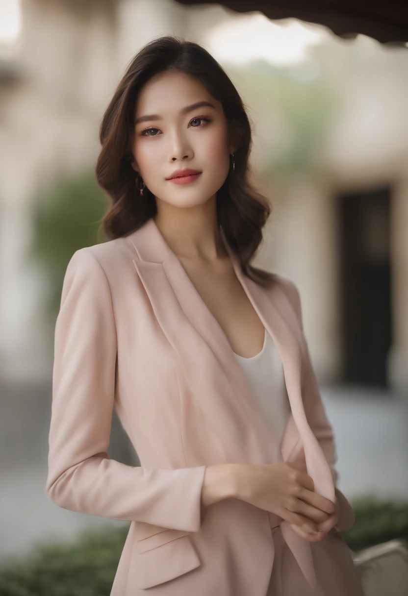 Gentle and beautiful woman, half-body photo, delicate sexy collarbone, charming oval face, Double eyelids, Smart Peach Blossom Eyes, Pink lips, small-nose, bare shoulders, Focused face, facial closeups, hyper HD, super detailing, Graceful standing, Black British College double-breasted casual rouge Korean blazer, Wear it with a black pleated skirt suit, Do this in the background studio color