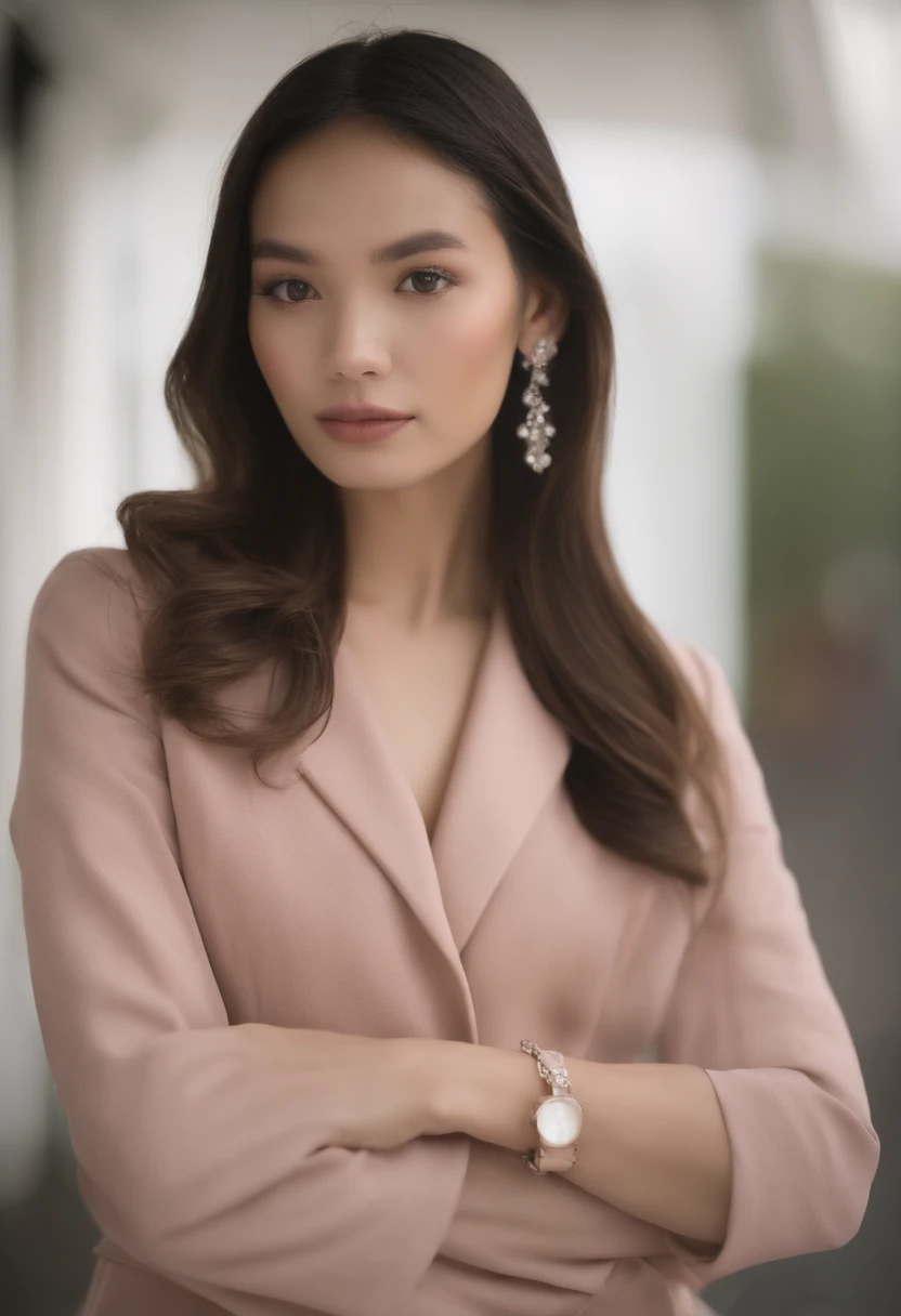 Gentle and beautiful woman, half-body photo, delicate sexy collarbone, charming oval face, Double eyelids, Smart Peach Blossom Eyes, Pink lips, small-nose, bare shoulders, Focused face, facial closeups, hyper HD, super detailing, Graceful standing, Black British College double-breasted casual rouge Korean blazer, Wear it with a black pleated skirt suit, Do this in the background studio color