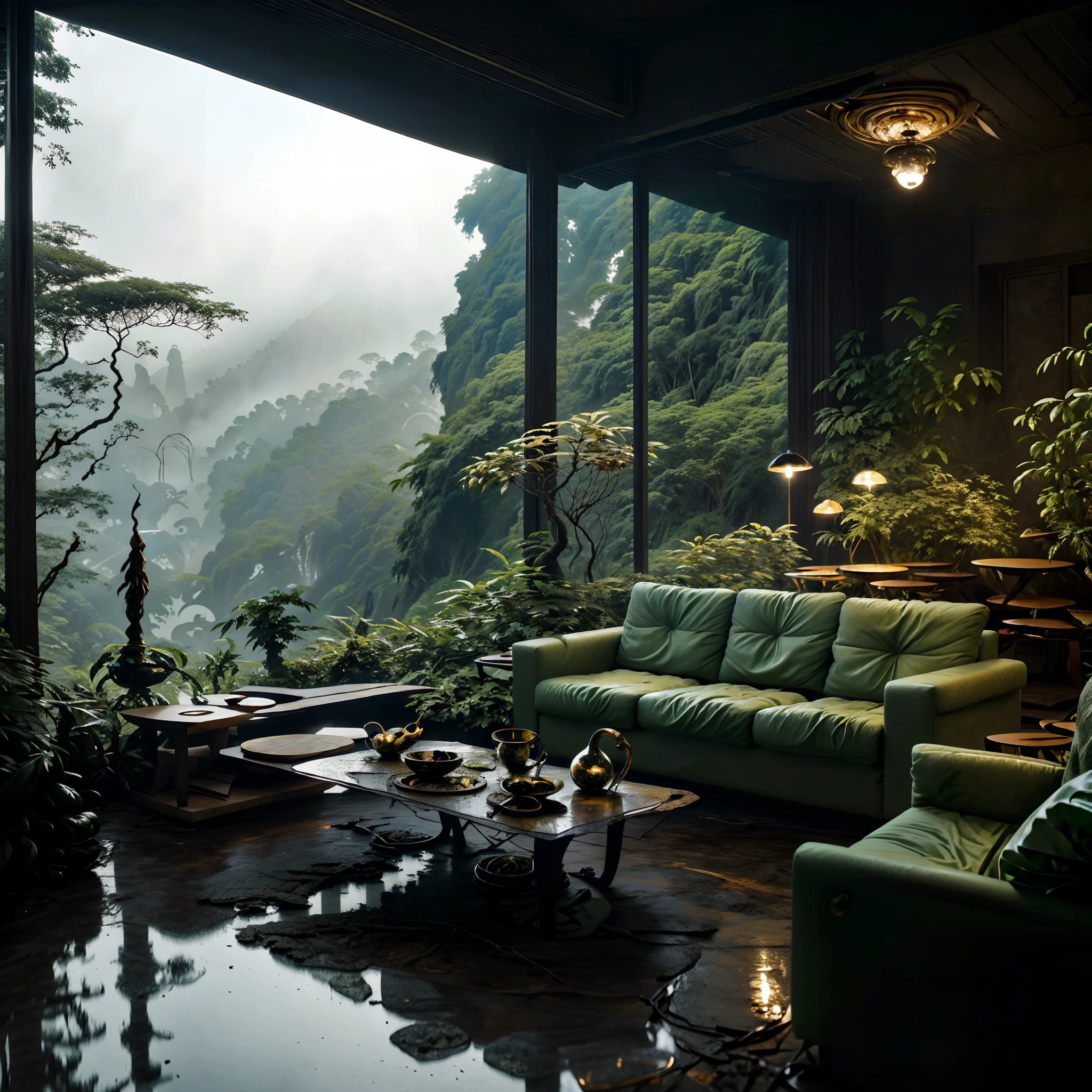 Sala de estar com vista para uma montanha e uma floresta, mountainous jungle setting, jungle setting, Como uma cena de Blade Runner, magical ambiance, pintura escura ultrarrealista, em um ambiente de selva, pleasant environment, floresta nublada, Selva bonita, ambiente mal-humorado, Inside an alien jungle, Selva exuberante, Plantas e selva, ambiente relaxante, montanhas da floresta tropical