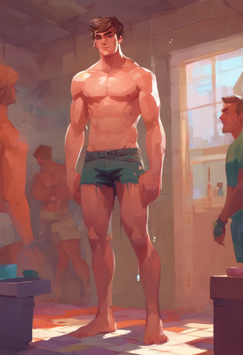 sketch, 20 yo male figure study, young muscle-bound jock, standing, full stocky body, completely naked, private parts showing, totally , , sans clothing, au natural, covering crotch with a white towel, bare butt, crowded gym shower with spraying showers and showering men in background, pastels, by harry bush, James Montgomery Flagg and Lois van Baarle and jim french and rossdraws, detailed realistic eyes, big bare feet, very handsome, beautiful