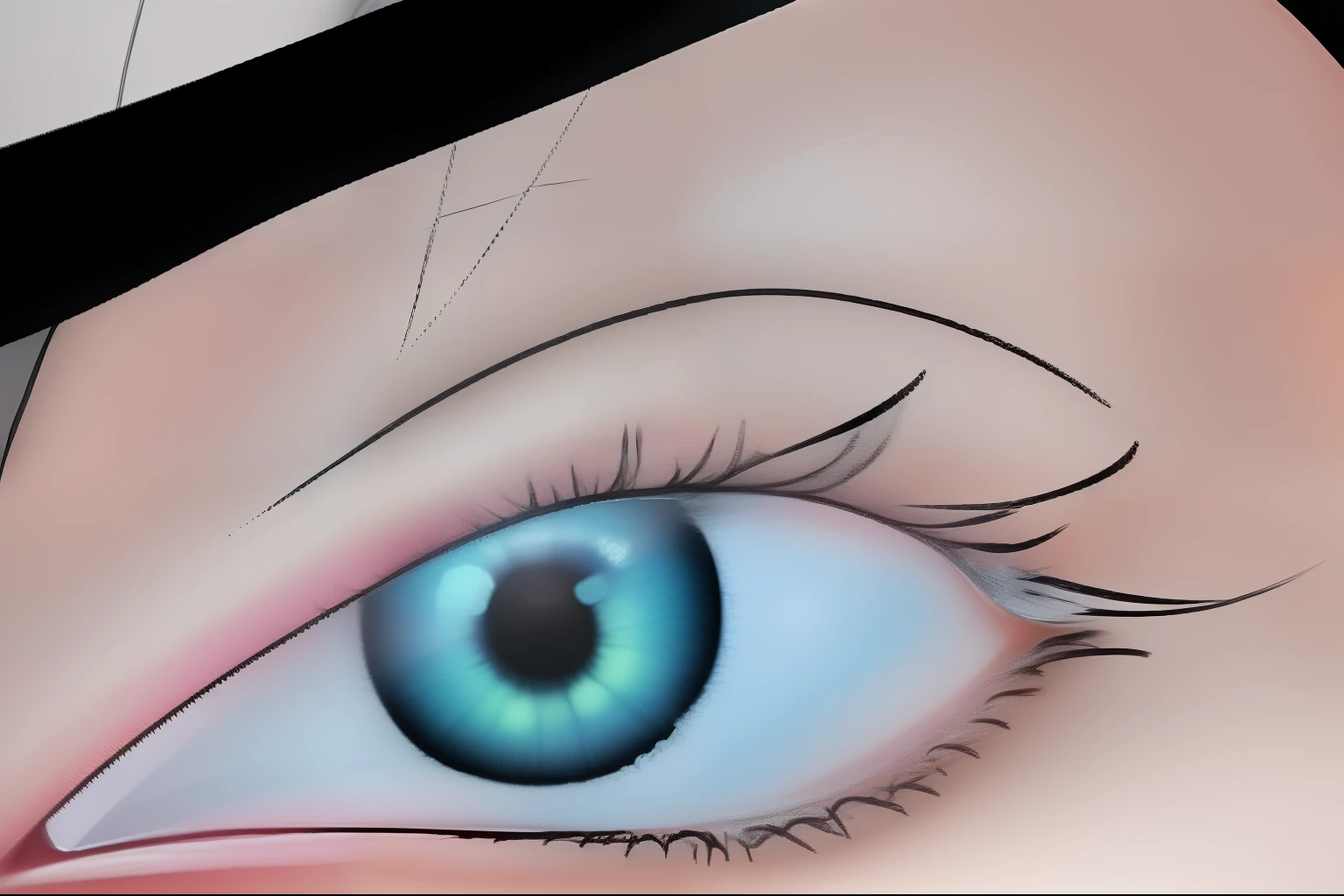 olho realista com um olho preto e um olho rosa, grandes olhos inclinados para baixo, posicionamento correto dos olhos, nenhuma mancha sobre o olho direito, Mancha preta sobre o olho esquerdo, terceiro olho no meio da testa, ponto laser entre os olhos, Olhos enormes inclinados para baixo, terceiro olho no meio da testa, Various eyelid positions, Eyelids, branco ao redor do olho direito, olho realista