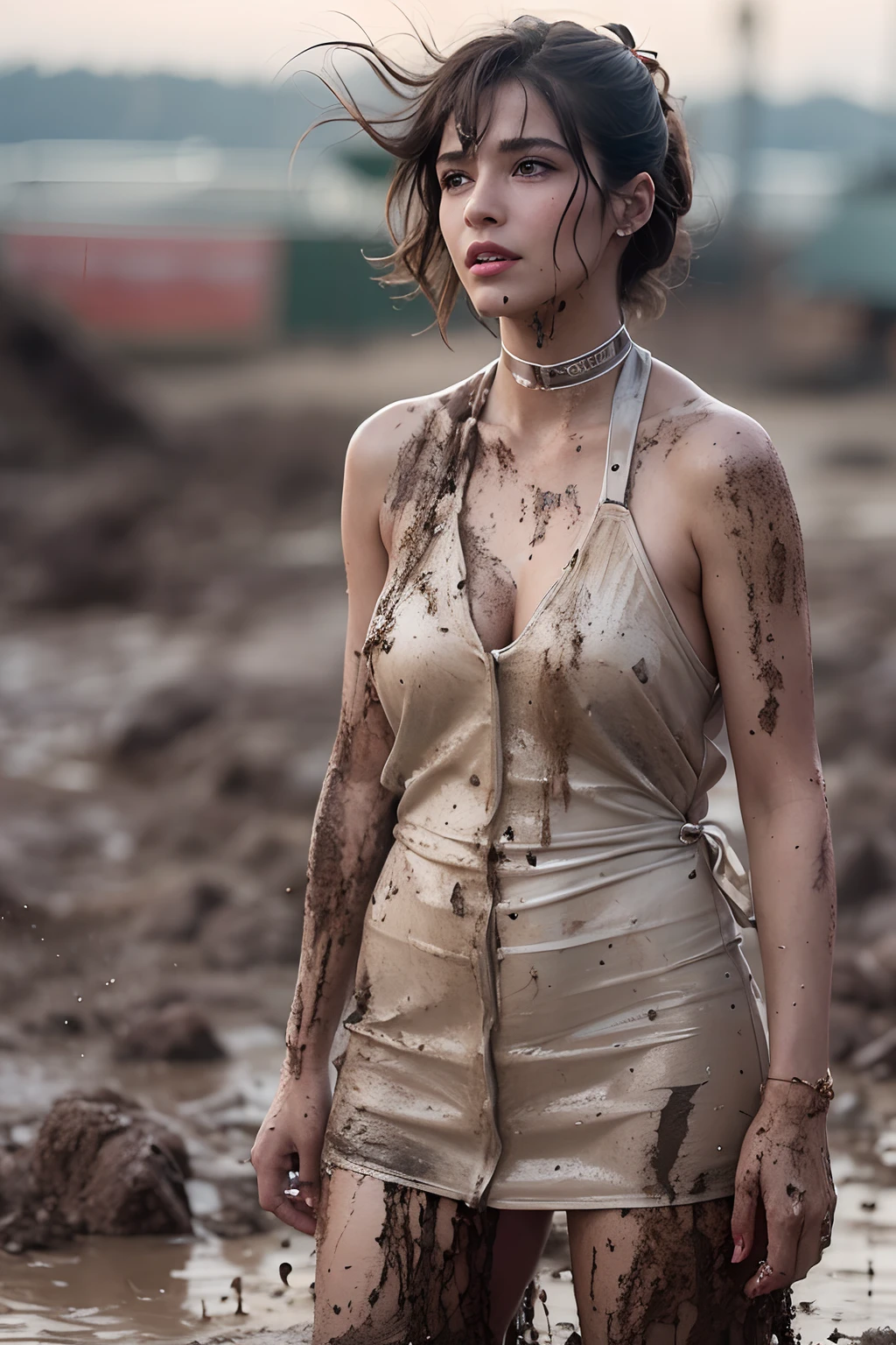 Surreal photo of one short dark-haired woman, Braces, Muddy ass, Woman wears a white transparent raincoat, The raincoat was dirty with mud splashes., String Slip, gotik, Short hairstyle 80s perm, Lucy Boynton, Cup Size C, 80s hairstyles, Suspenders next to the chest, 36 years old, There is mud on the free small chest, tiny boobs, Mud flows all over her body, Choker, His face was dirty with mud splashes, Tease short hair., There is mud in the hair., The two women are stained with mud, High heels stained with mud, High-heeled sandals are seen in the mud., High Quality, photorealistic lighting, center, Sanduhrproportionen, 8K, HDR, tiny boobs, Long leg, Professional photo of a woman, Natural skin texture with plenty of mud, 4k textures, adobe lightroom, Photo Lab, HDR, busy, graceful, very very detailed, foco nítido, insane details, intriciate detail, Hyper-detailer, Helles Kinolicht, Außenatmosphäre, Don't give up, stay strong, Halbowen Sue,Naked body,