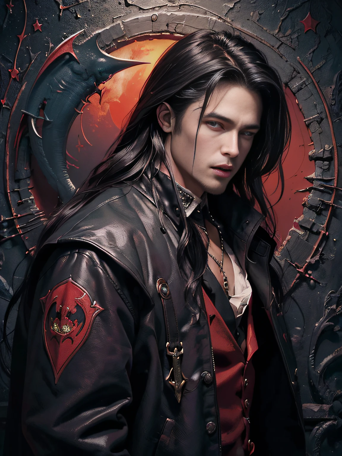 (masterpiece、top-quality、top-quality、Detailed and complex、official art、aesthetically pleasing:1.3)、(1 dark haired male vampire with fangs in:1.3)、(Brad Pitt look) (revealing fangs) (realistic art:1.3)、black coat, red velvet accessories, gothic castle background. Moon and stars background