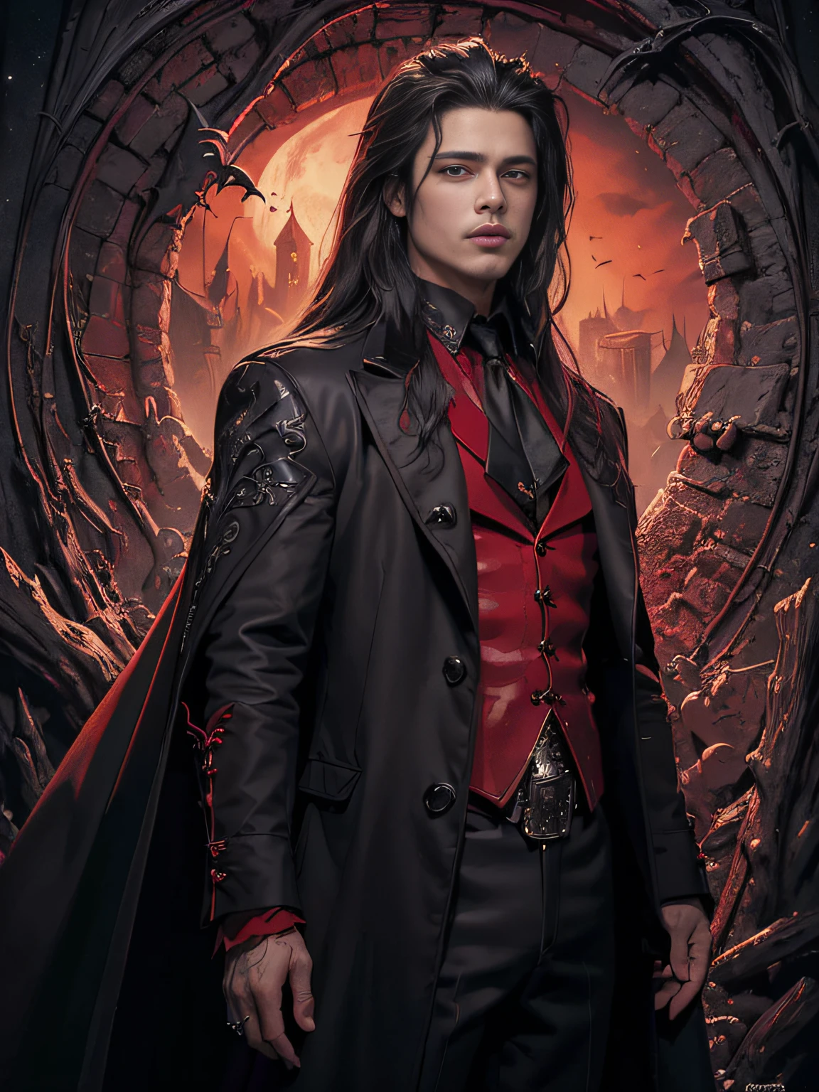 (masterpiece、top-quality、top-quality、Detailed and complex、official art、aesthetically pleasing:1.3)、(1 dark haired male vampire with fangs in:1.3)、(Brad Pitt look) (revealing fangs) (realistic art:1.3)、black coat, red velvet accessories, gothic castle background. Moon and stars background