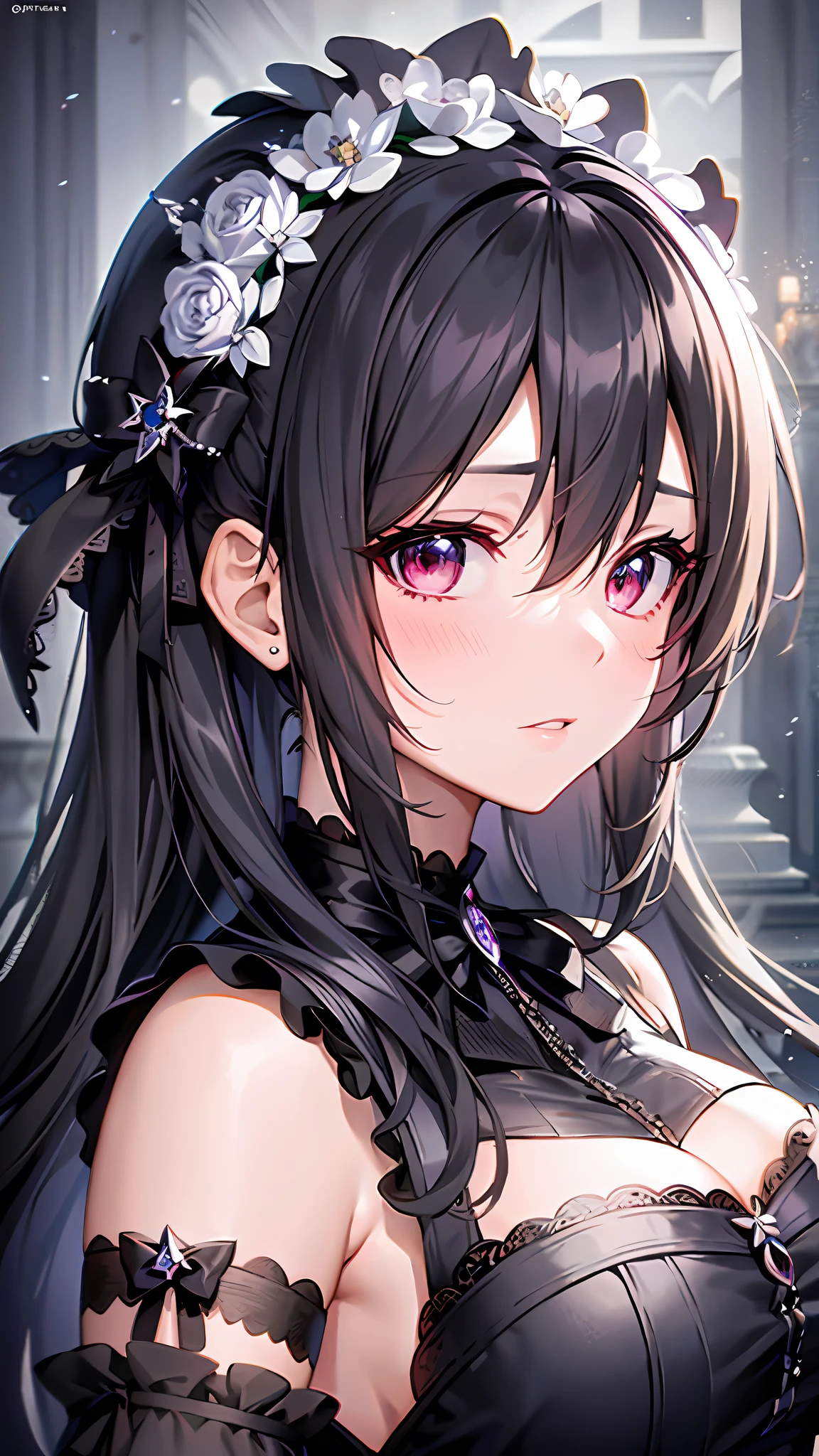 a close up of a woman in a dress with a white and black dress, gothic maiden anime girl, anime girl wearing a black dress, cute anime waifu in a nice dress, anime girl in a maid costume, an elegant gothic princess, guweiz, guweiz on pixiv artstation, guweiz on artstation pixiv, beautiful anime girl