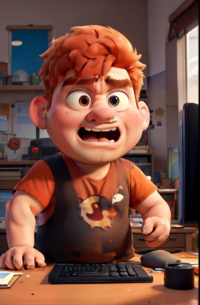 masterpiece, best quality, an angry young fat man with orange hair, playing with his computer, messy bedroom background